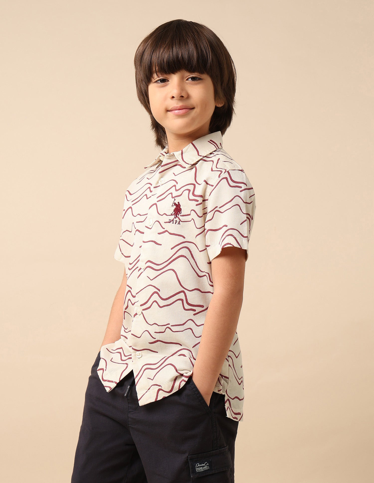 Boys Abstract Printed Pure Cotton Shirt Beige - U.S. POLO ASSN. | Large