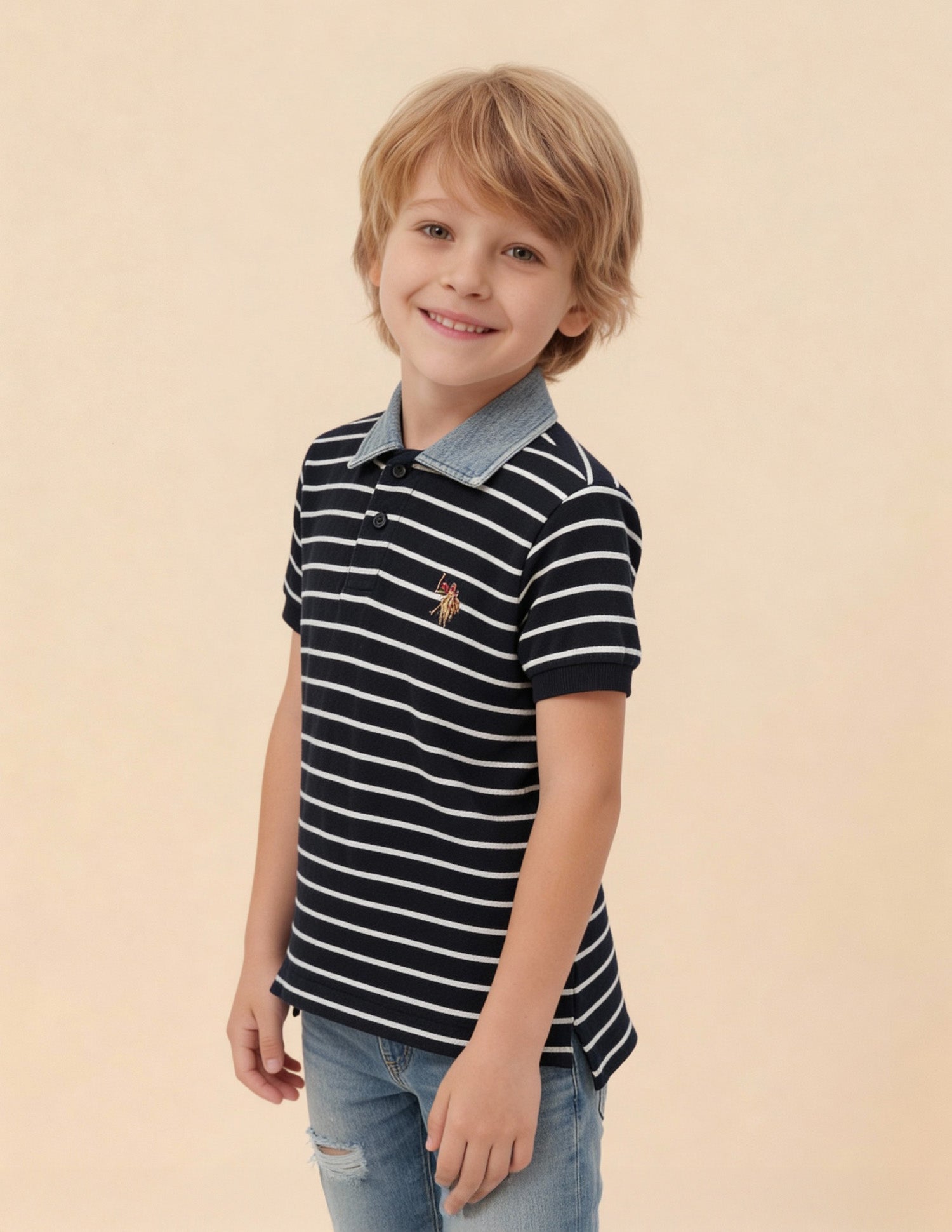 Boys Horizontal Striped Regular Fit Polo Shirt Navy - U.S. Polo Assn. India | Large