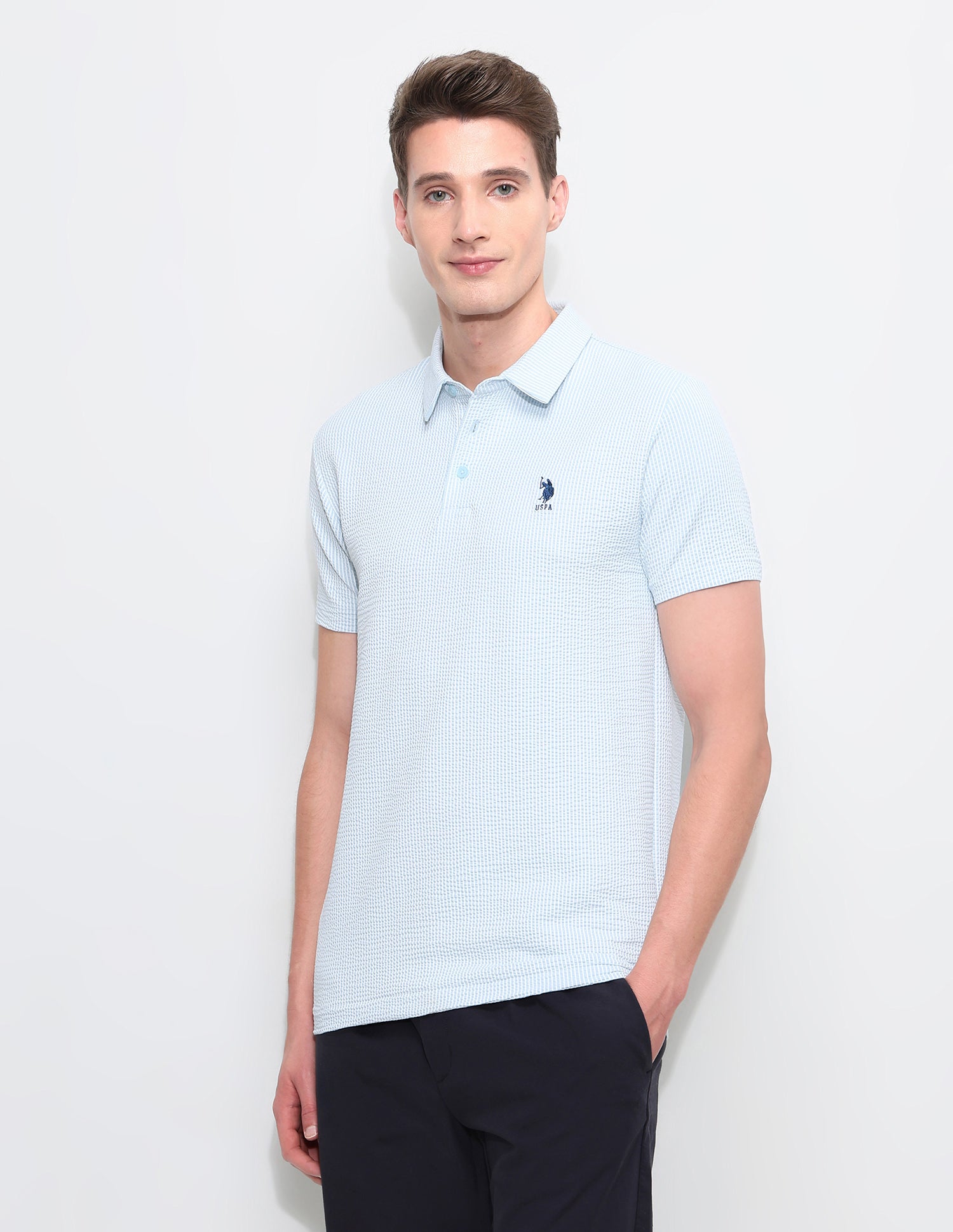 Textured White Harbour Polo Shirt Light Blue - U.S. Polo Assn. India | Large