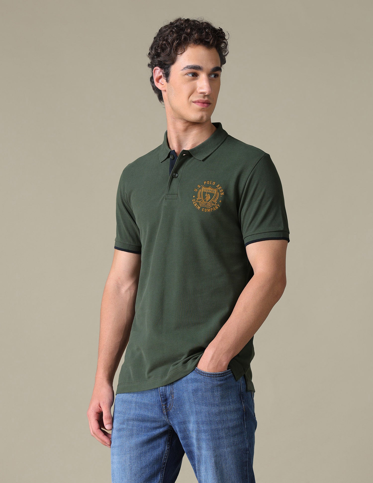 Solid Slim Fit Polo Shirt Olive - U.S. Polo Assn. India | Large