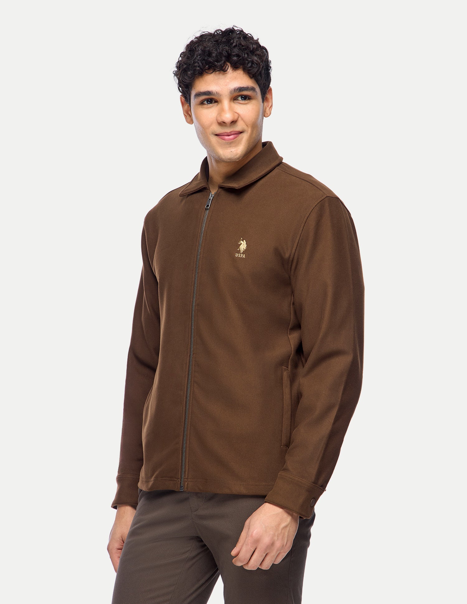 Solid Slim Fit Zipper Sweatshirt Dark Brown - U.S. Polo Assn. India | Large