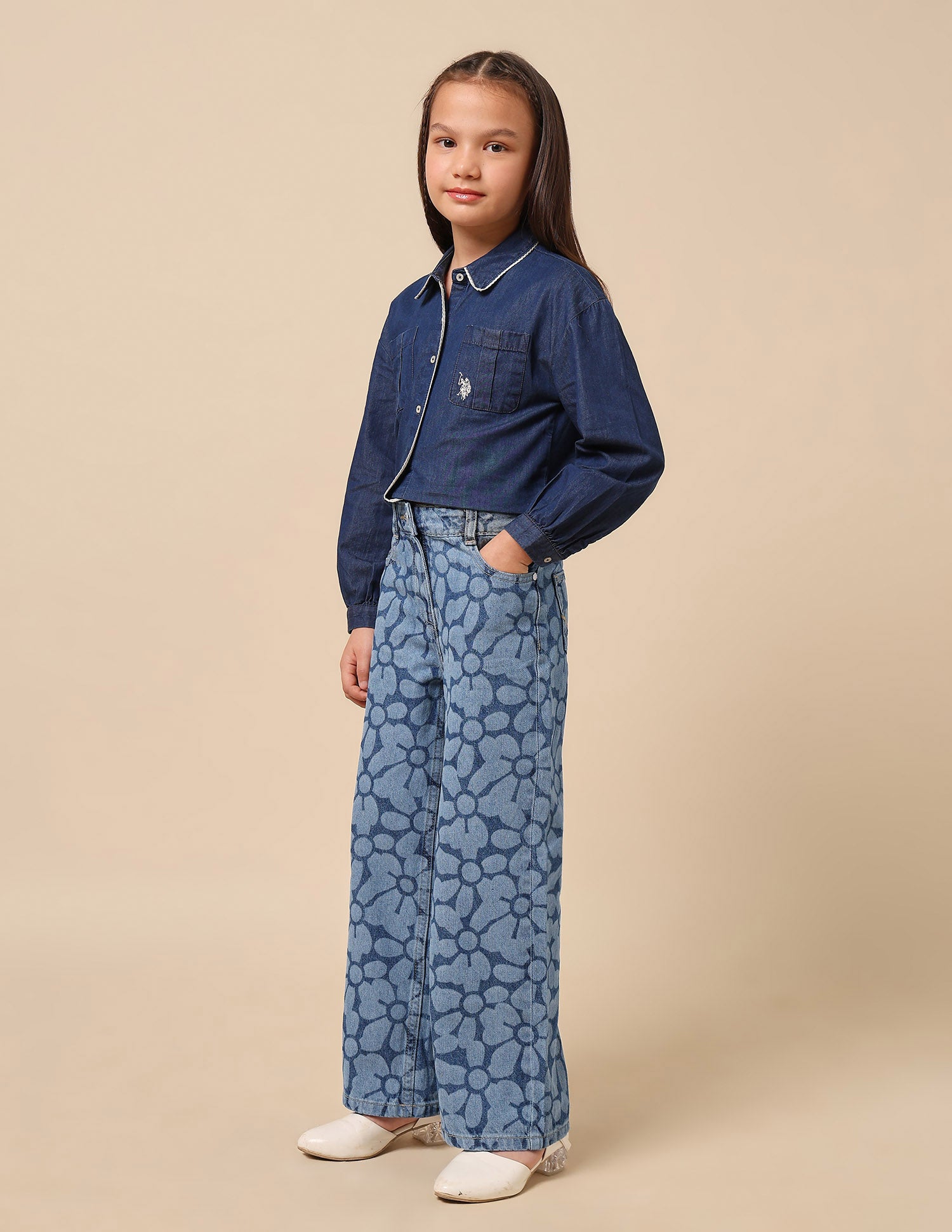 Girls Floral Laser Printed Wide Leg Jeans Blue - U.S. POLO ASSN. | Large