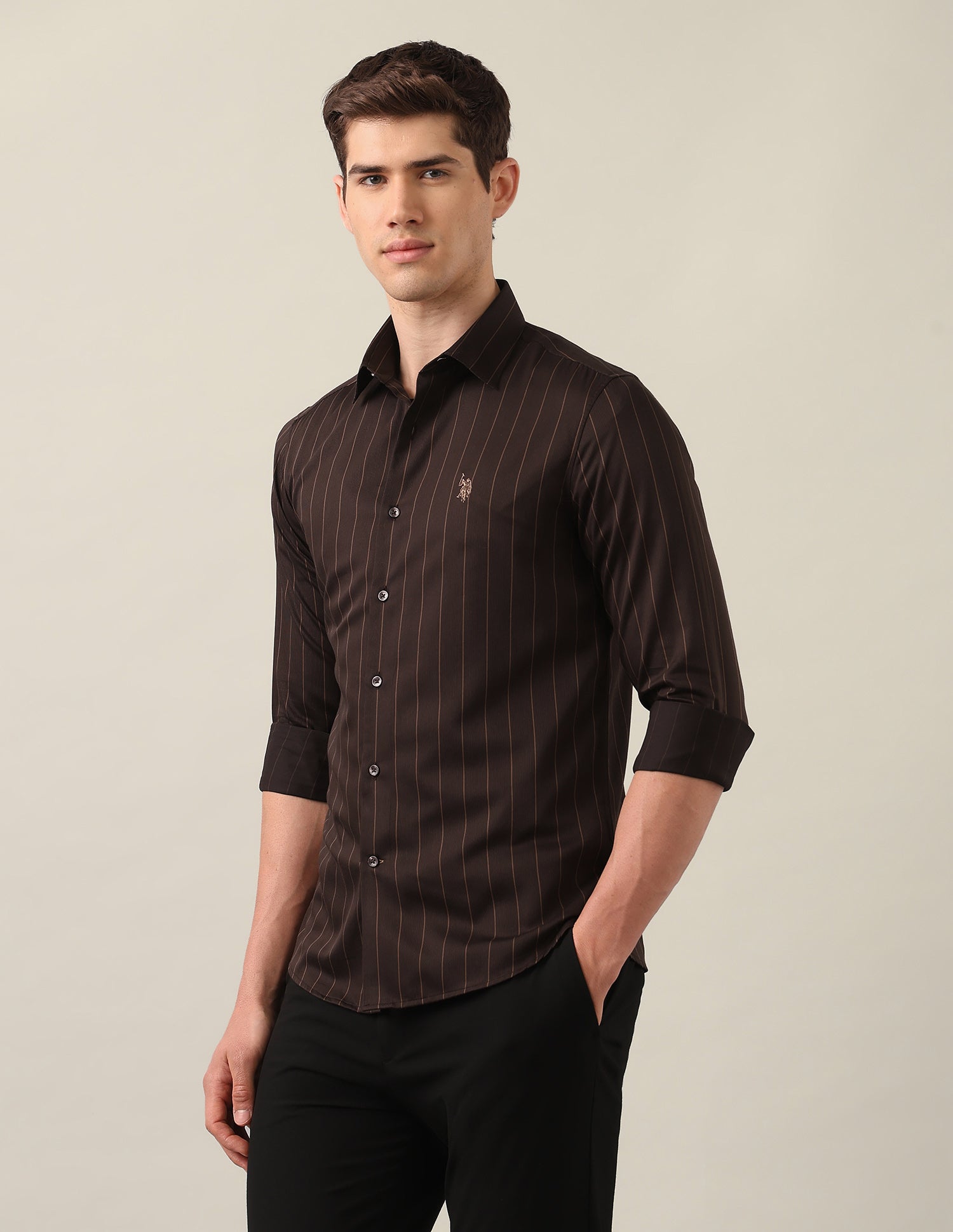 Vertical Striped Satin Shirt Brown - U.S. Polo Assn. India | Large