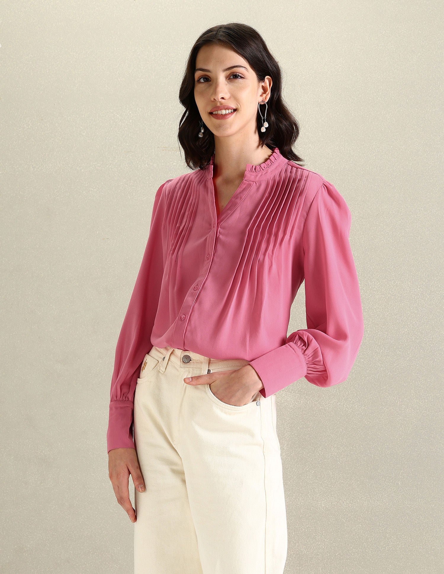 Front Pleat Mandarin Collar Top Pink - U.S. POLO ASSN. | Large