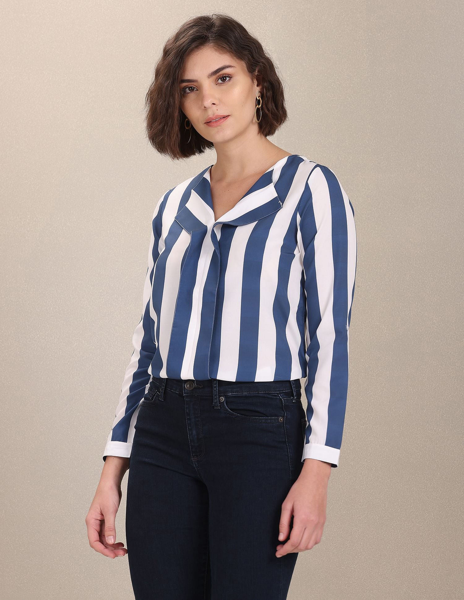 Notched Neck Vertical Striped Evening Top White and Blue - U.S. POLO ASSN. | Large