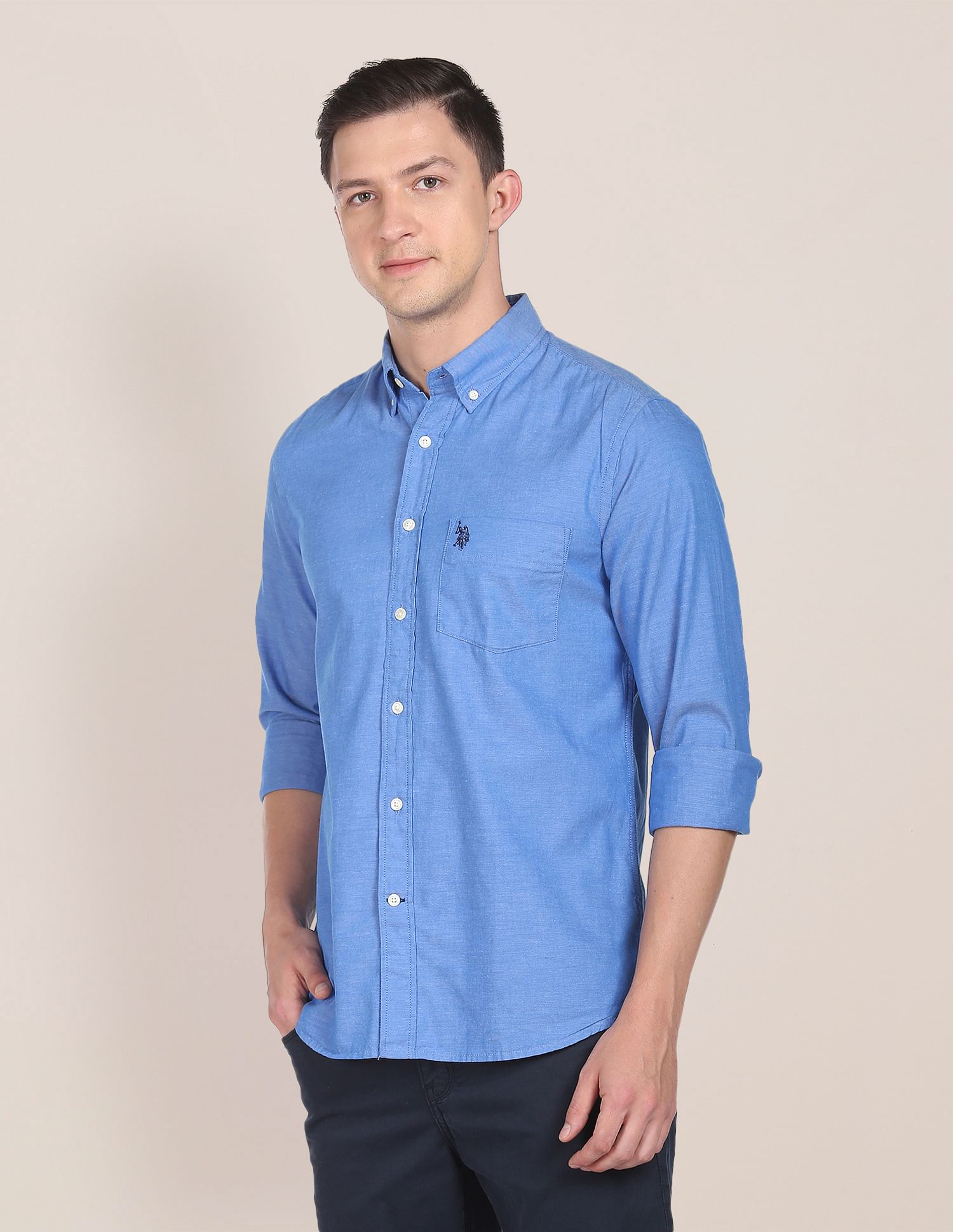 Men Blue Button Down Collar Oxford Casual Shirt Blue - U.S. POLO ASSN. | Large