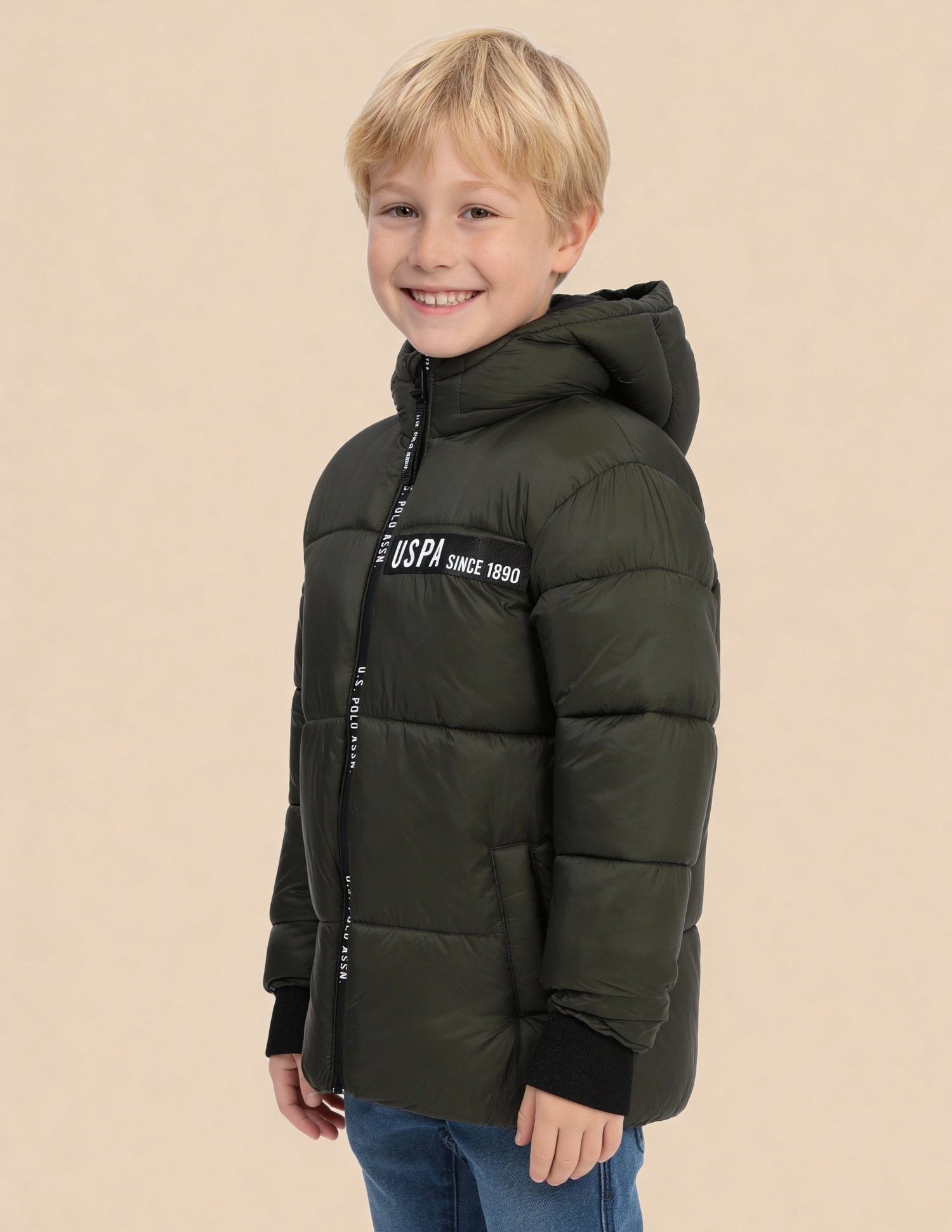 Boys Solid Regular Fit Puffer Jacket Olive - U.S. Polo Assn. India | Large