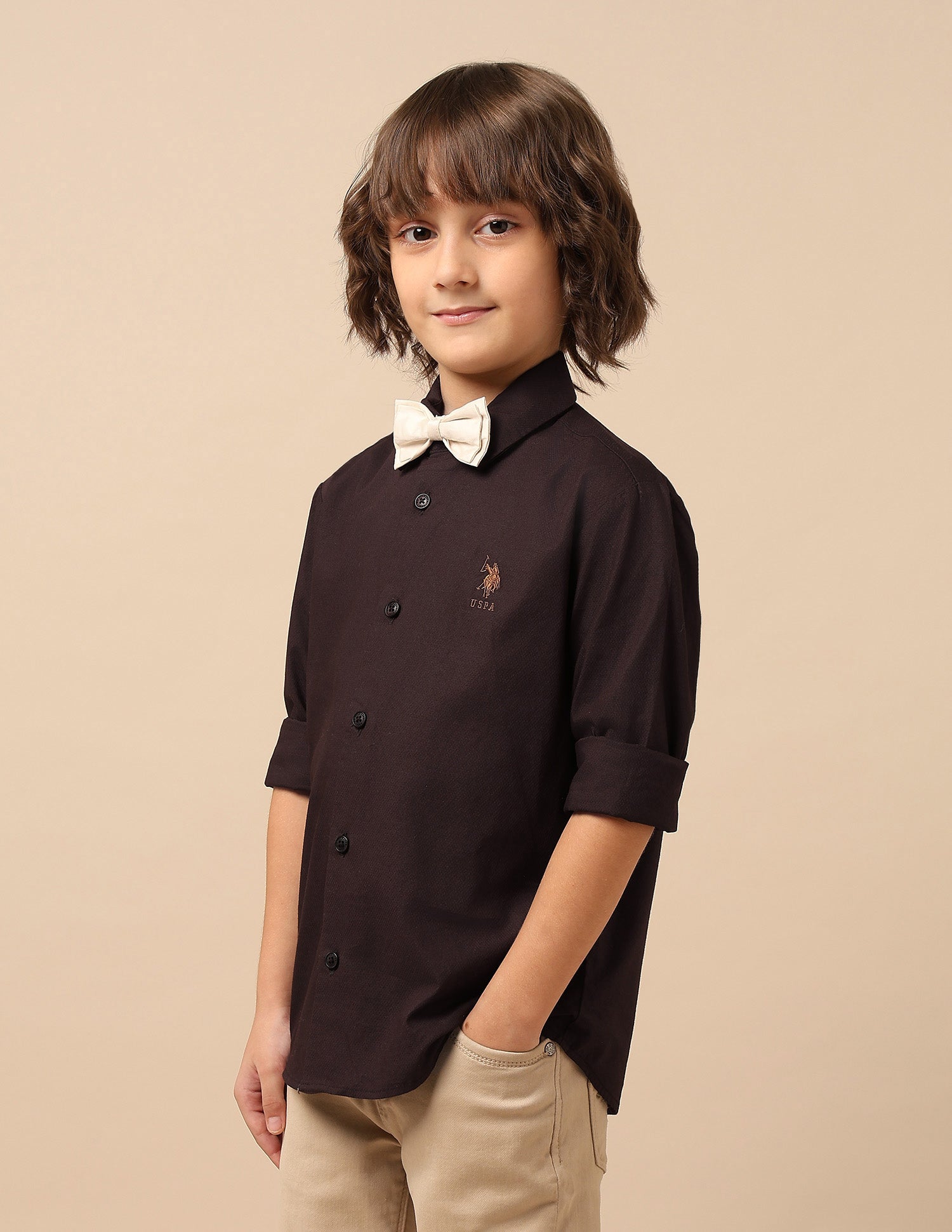 Boys Dobby Regular Fit Shirt Brown - U.S. POLO ASSN. | Large