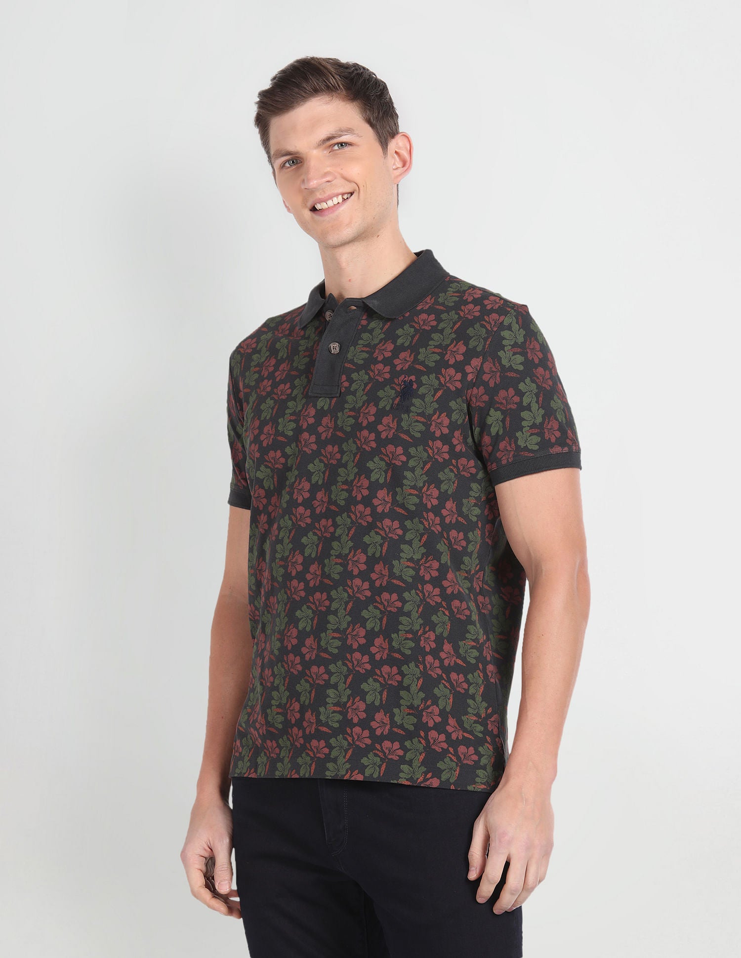 Floral Print Muscle Fit Polo Shirt Charcoal - U.S. Polo Assn. India | Large