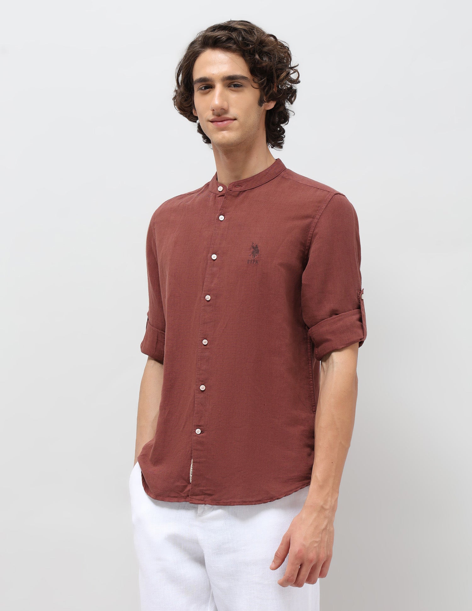 Solid Regular Fit Mandarin Shirt Rust - U.S. Polo Assn. India | Large