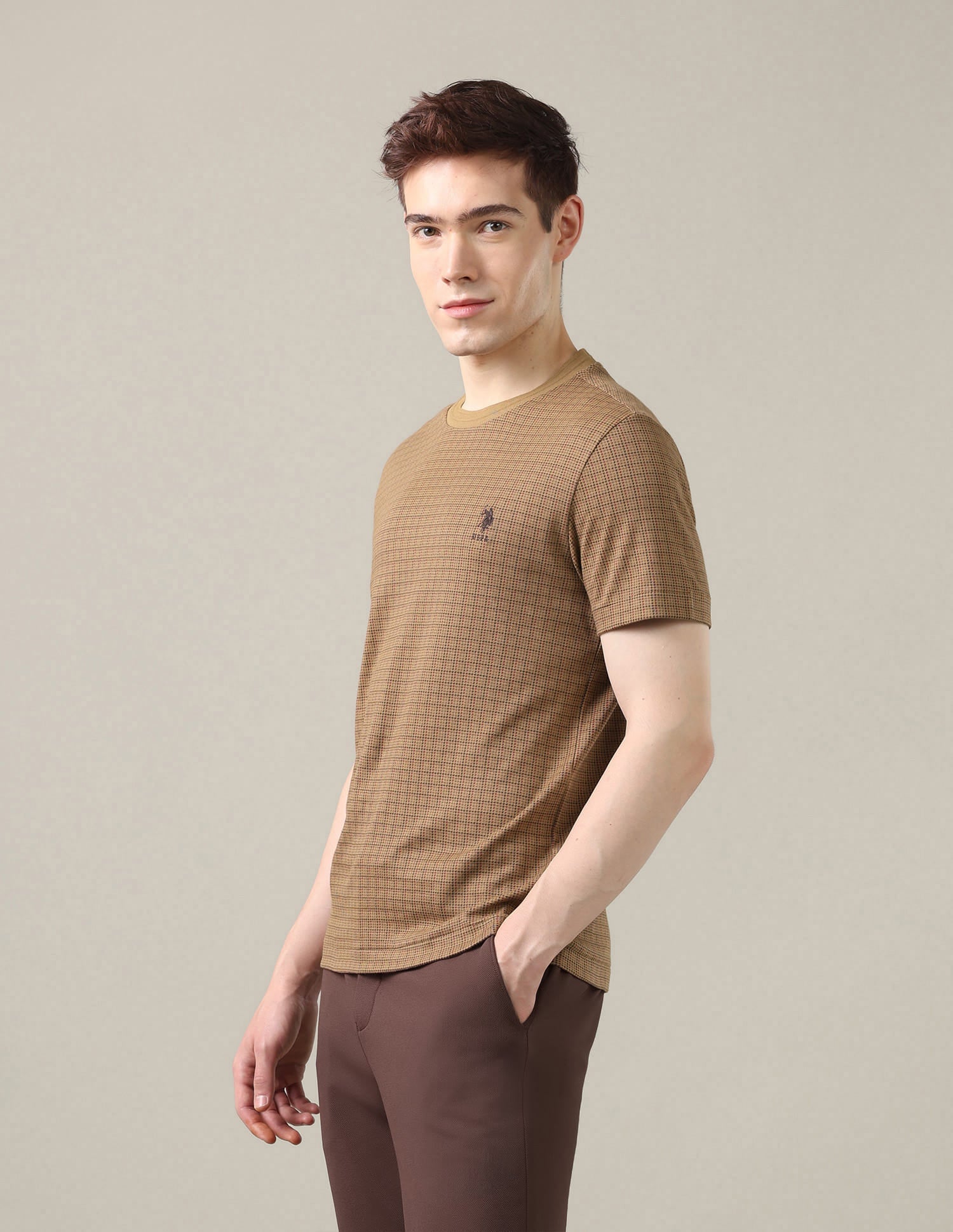 Houndstooth Printed Slim Fit T-Shirt Brown - U.S. Polo Assn. India | Large