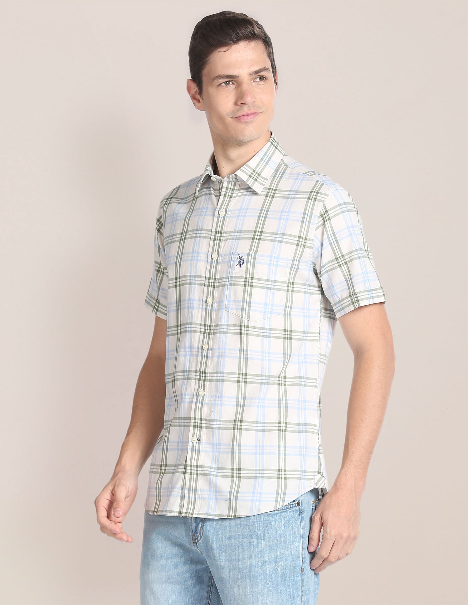 Short Sleeve Plaid Check Shirt Light Green - U.S. Polo Assn. India | Large
