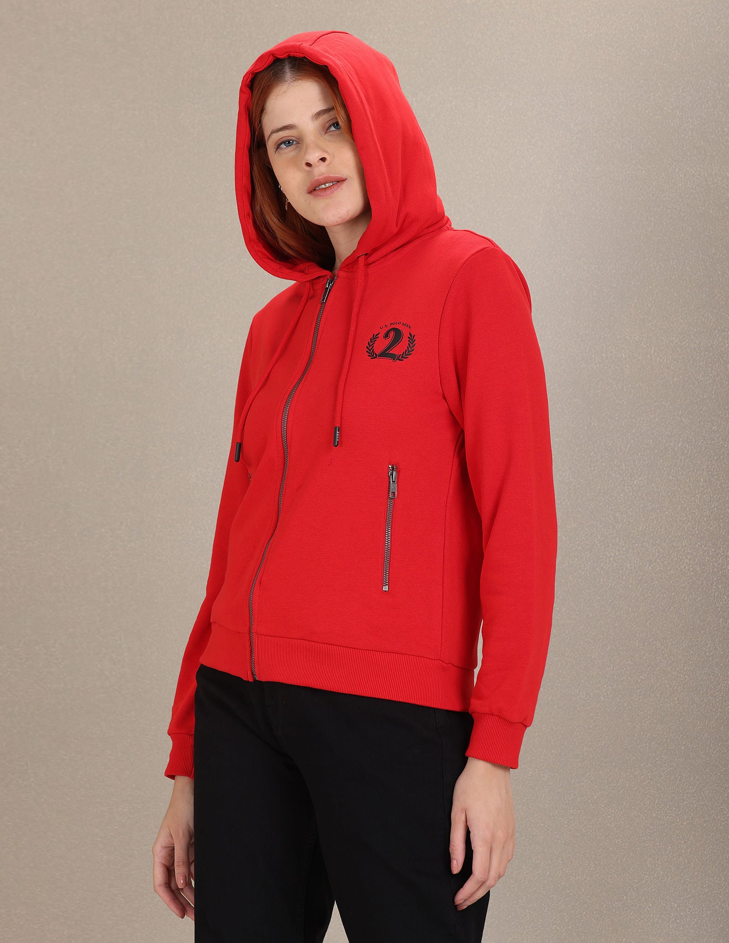 Solid Hooded Cropped Sweatshirt Red - U.S. Polo Assn. India | Large