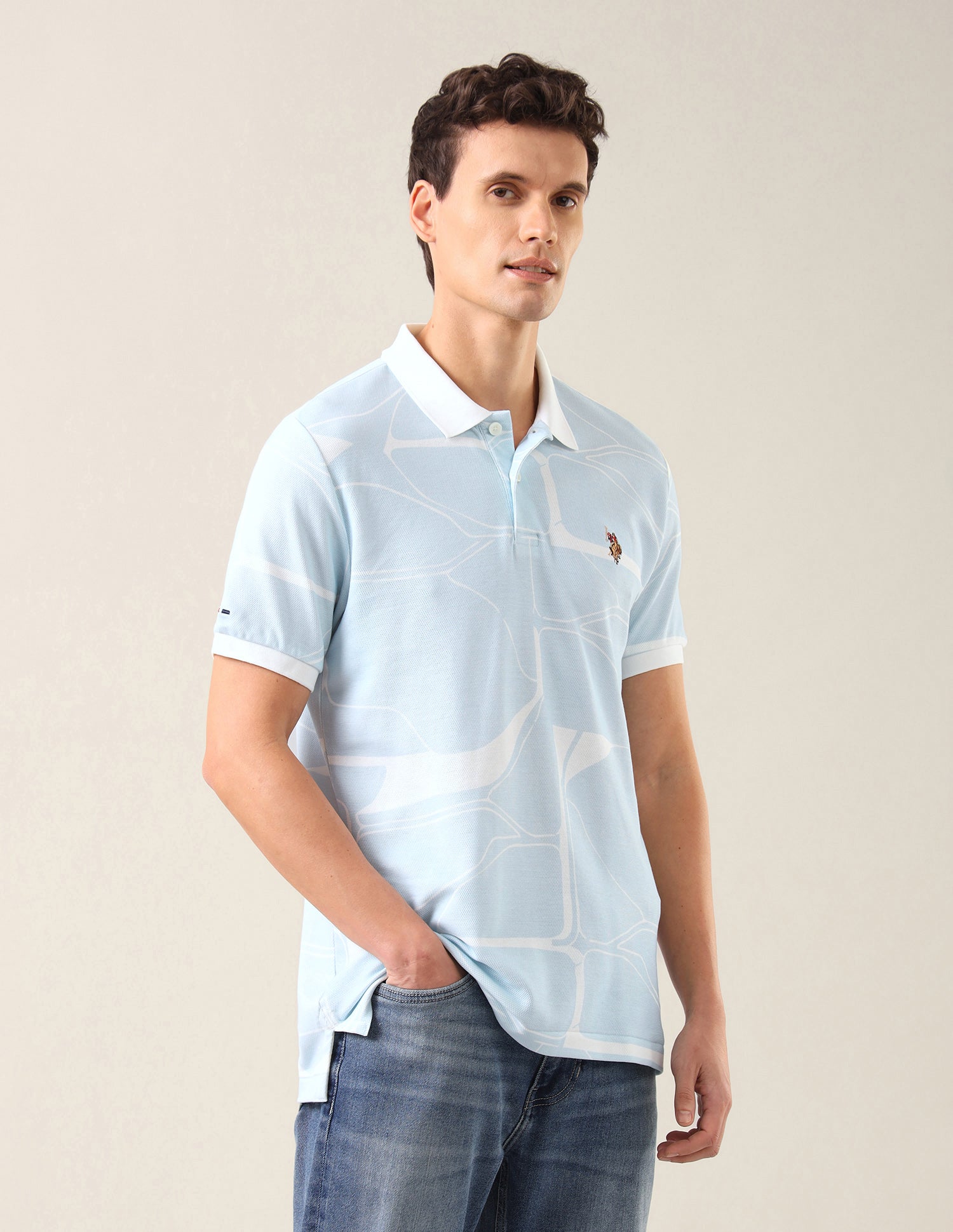 Abstract Printed Slim Fit Polo Shirt Light Blue - U.S. Polo Assn. India | Large