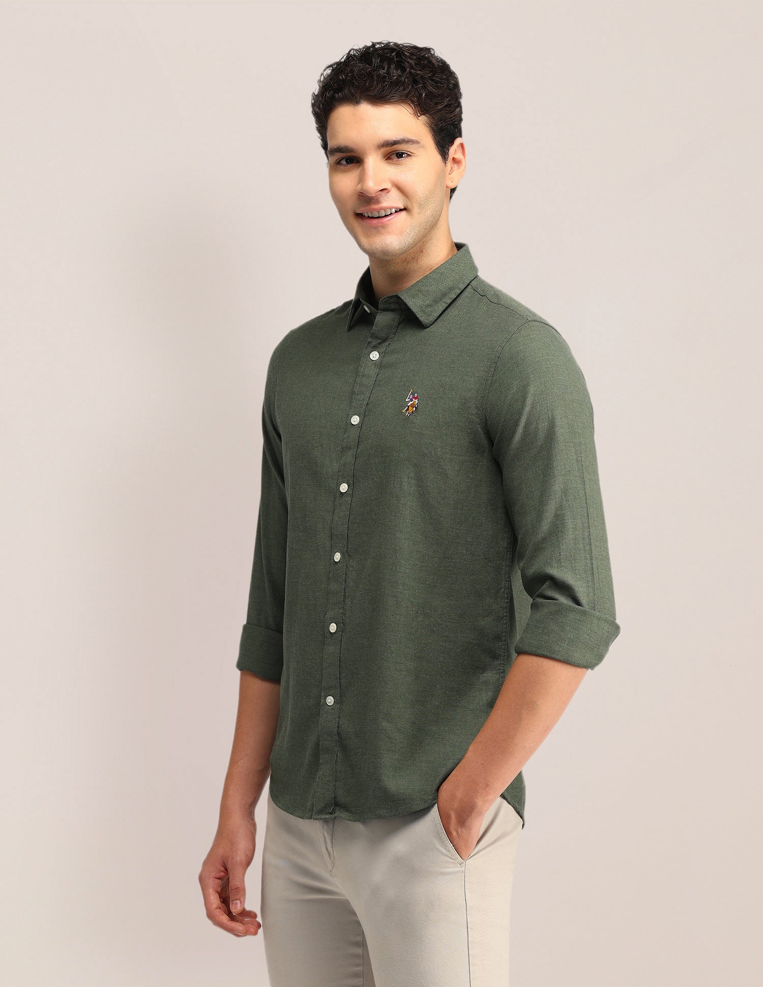 Textured Tailored Fit Shirt Olive - U.S. Polo Assn. India | Large