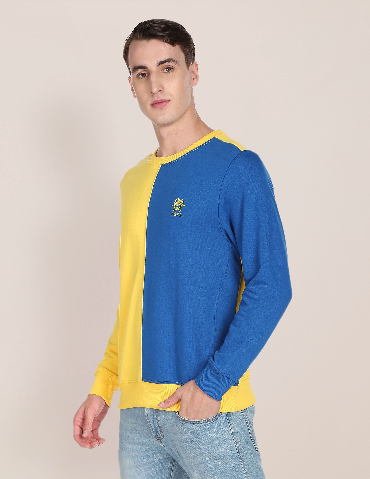 Colour Block Crew Neck Sweatshirt Yellow and Blue - U.S. Polo Assn. India | Large