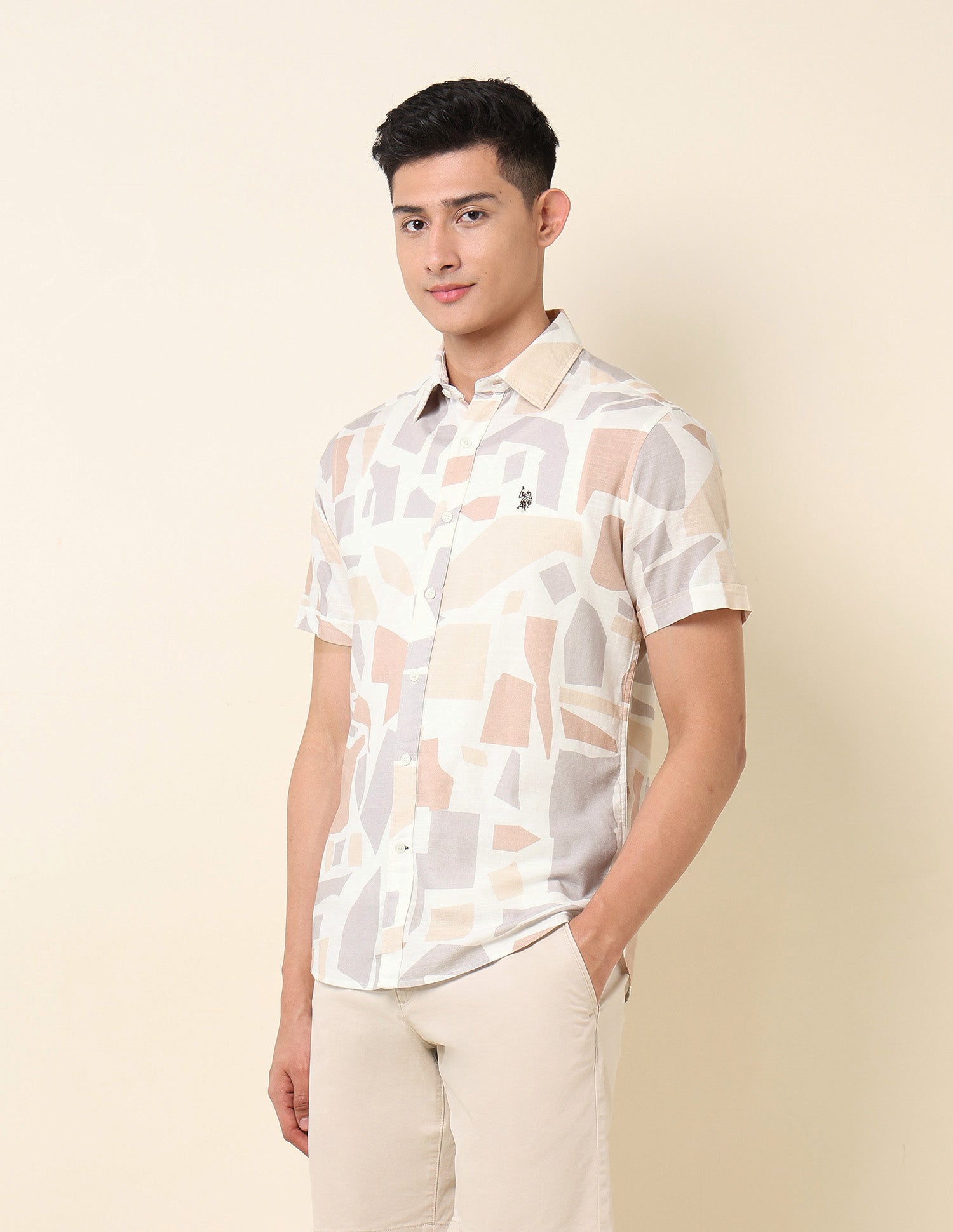 Geometric Printed Pure Cotton Shirt Beige - U.S. POLO ASSN. | Large