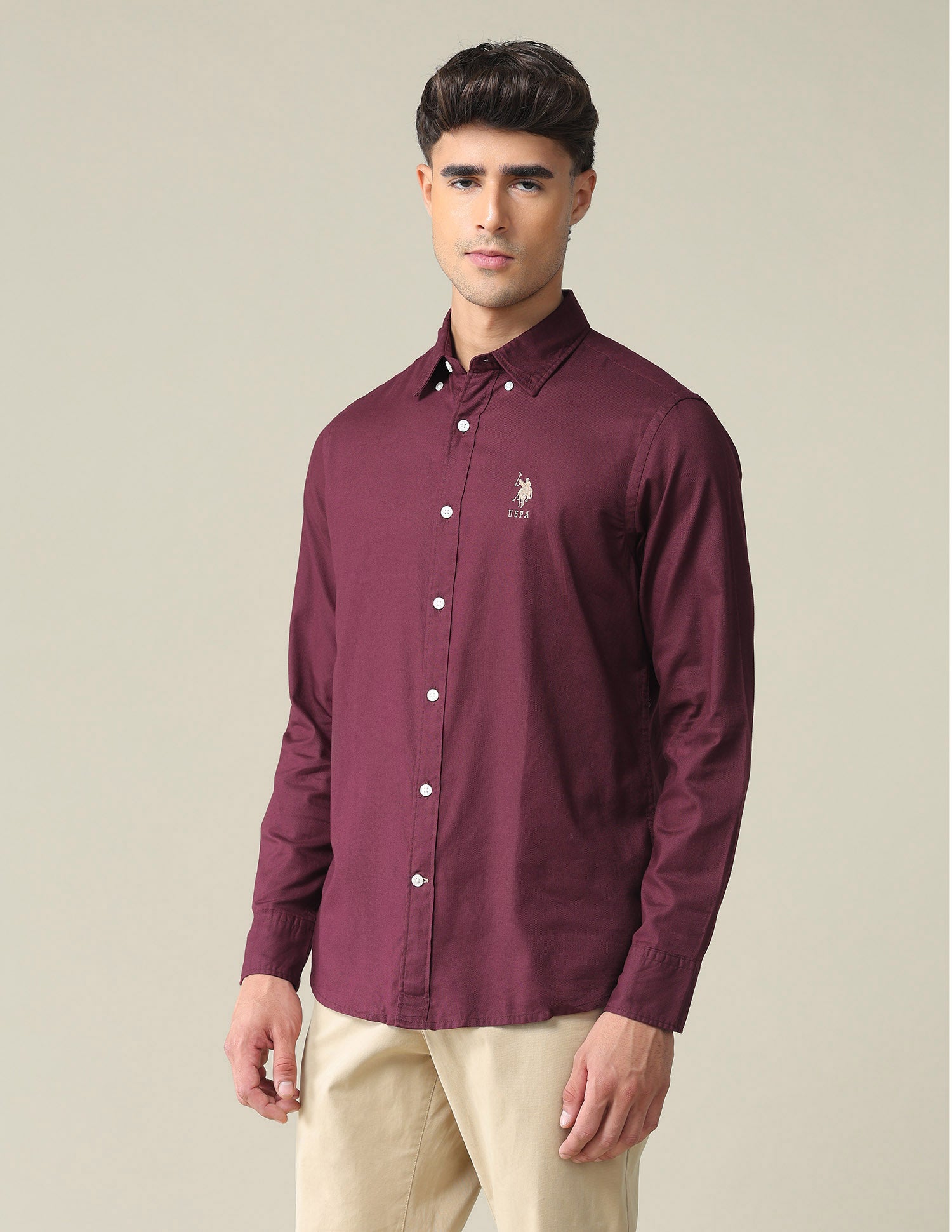 Button Down Collar Cotton Shirt Maroon - U.S. POLO ASSN. | Large