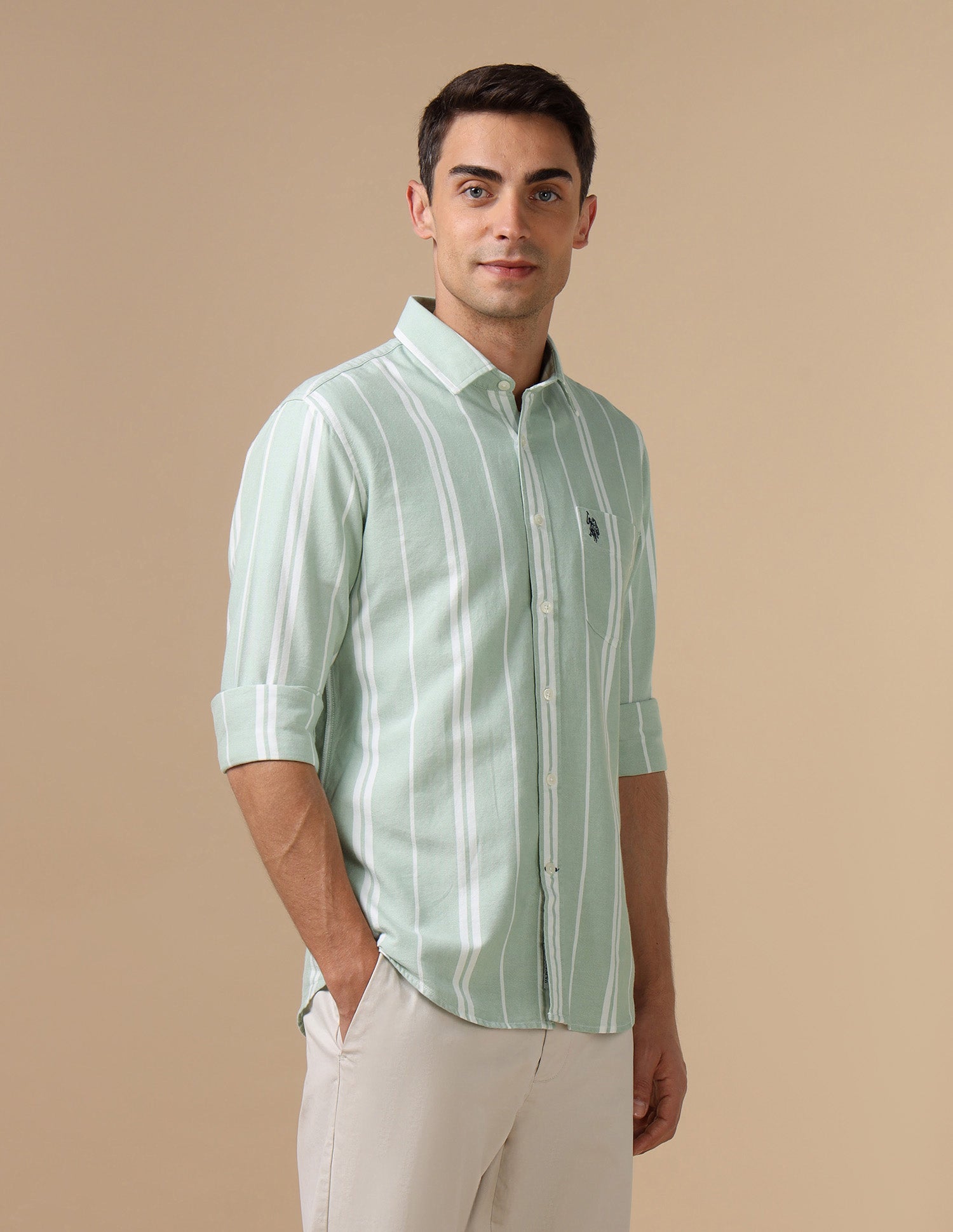 Pure Cotton Tailored Fit Shirt Light Green - U.S. Polo Assn. India | Large