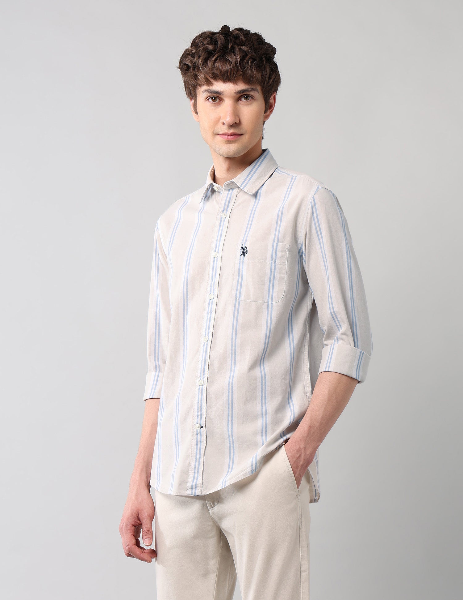 Vertical Striped Regular Fit Shirt Light Khaki - U.S. Polo Assn. India | Large