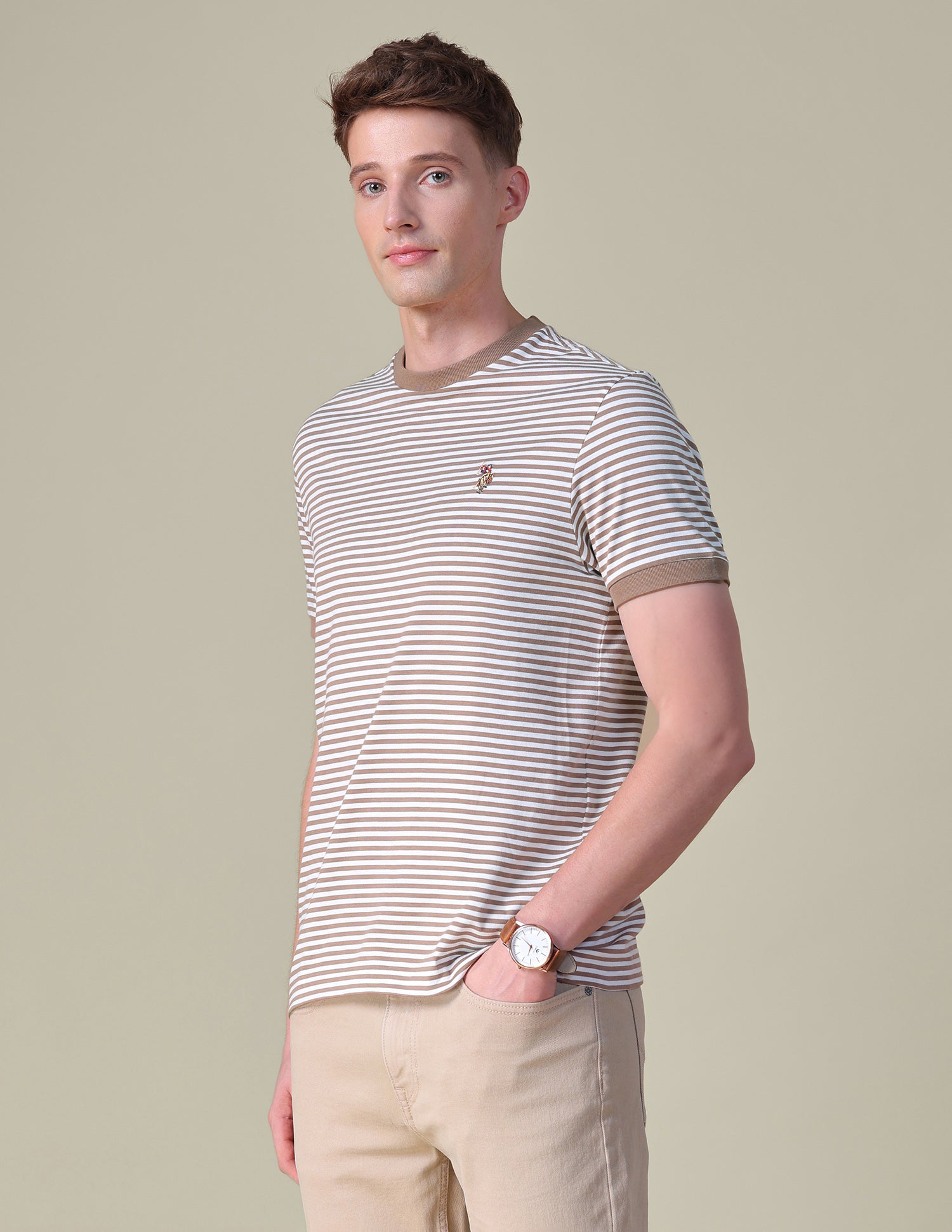Horizontal Striped Slim Fit T-Shirt Light Brown - U.S. POLO ASSN. | Large