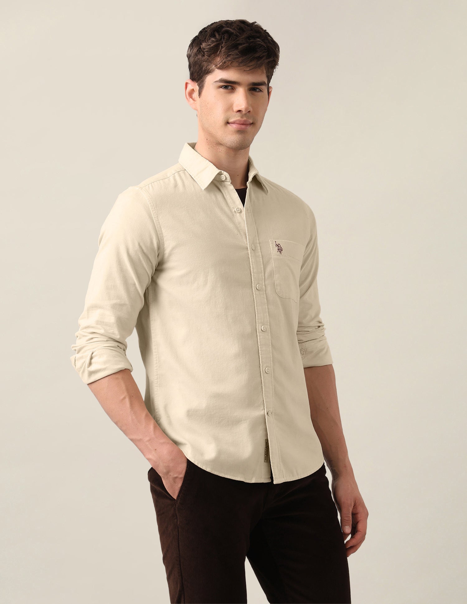 Corduroy Regular Fit Shirt Ivory - U.S. Polo Assn. India | Large