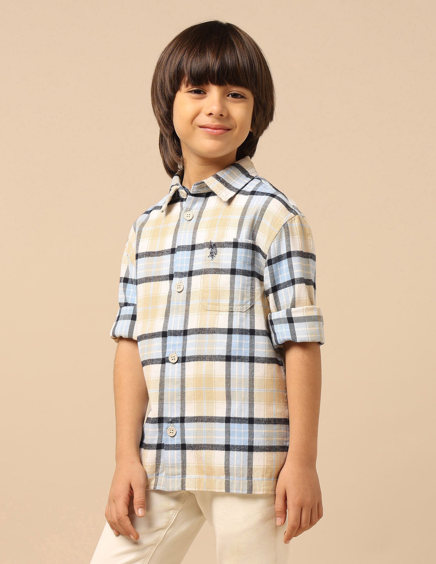 Boys Plaid Checked Twill Shirt Beige - U.S. POLO ASSN. | Large