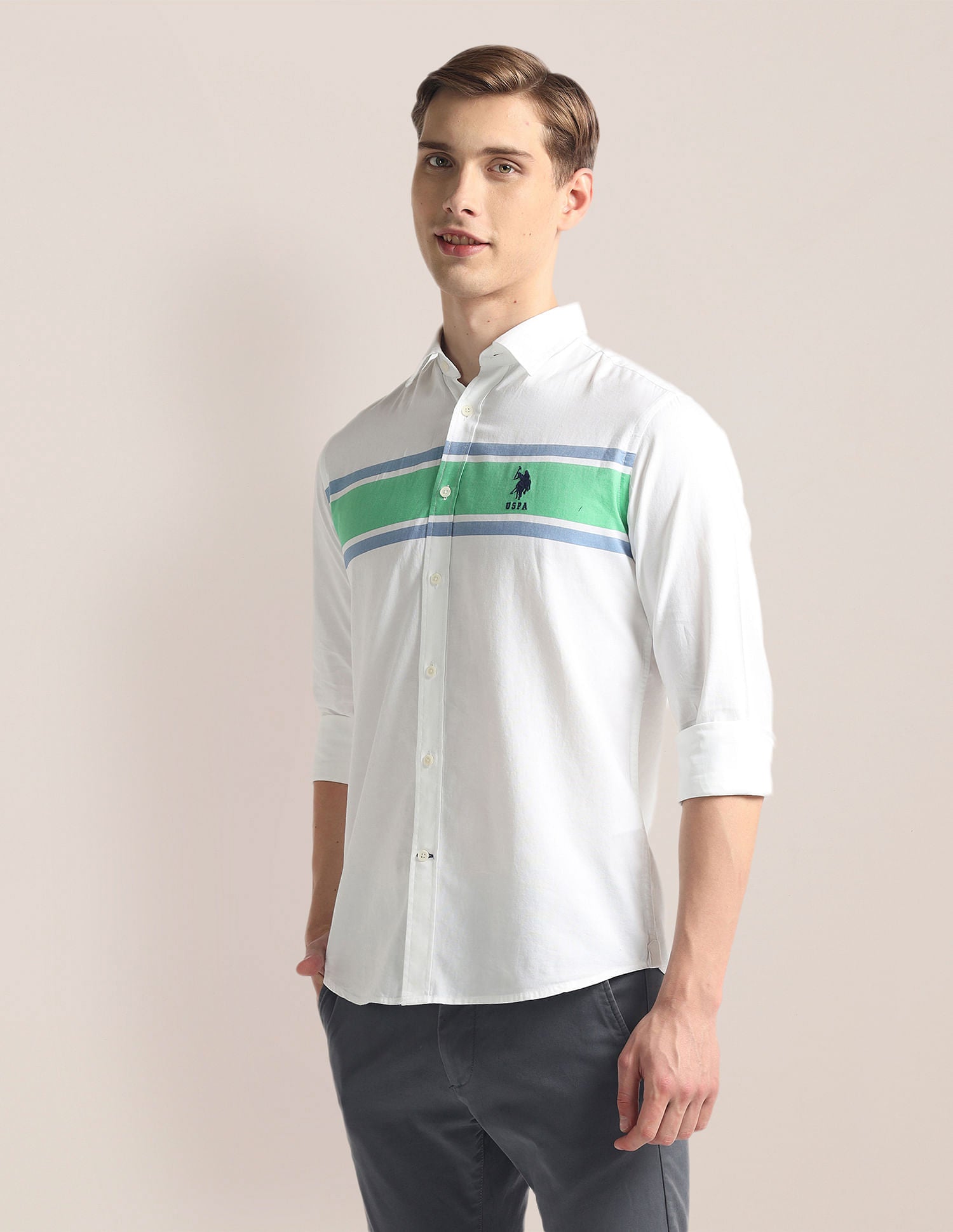 Horizontal Stripe Pinpoint Oxford Shirt White and Light Green - U.S. Polo Assn. India | Large