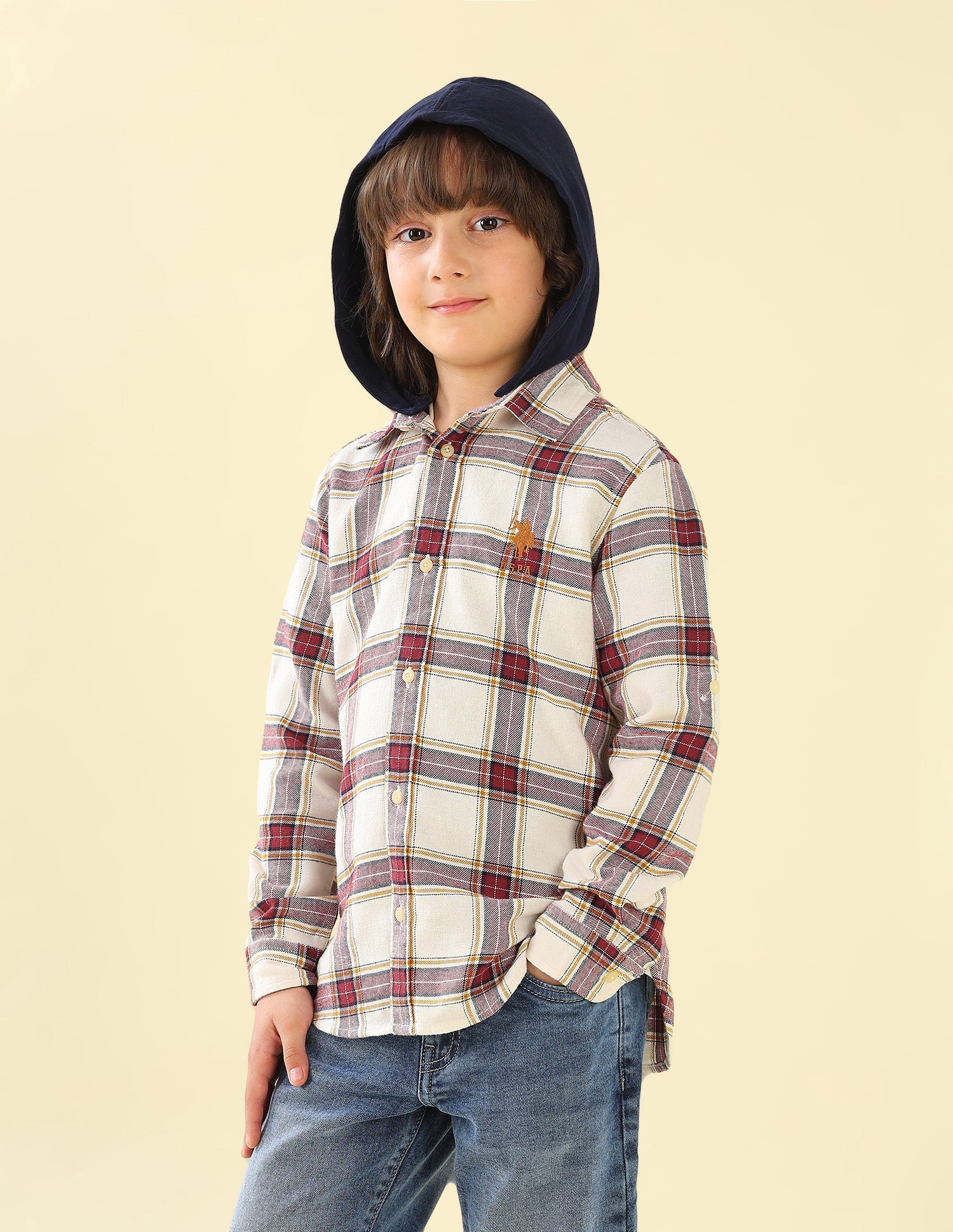 Twill Plaid Checked Hooded Shirt Off White - U.S. Polo Assn. India | Large