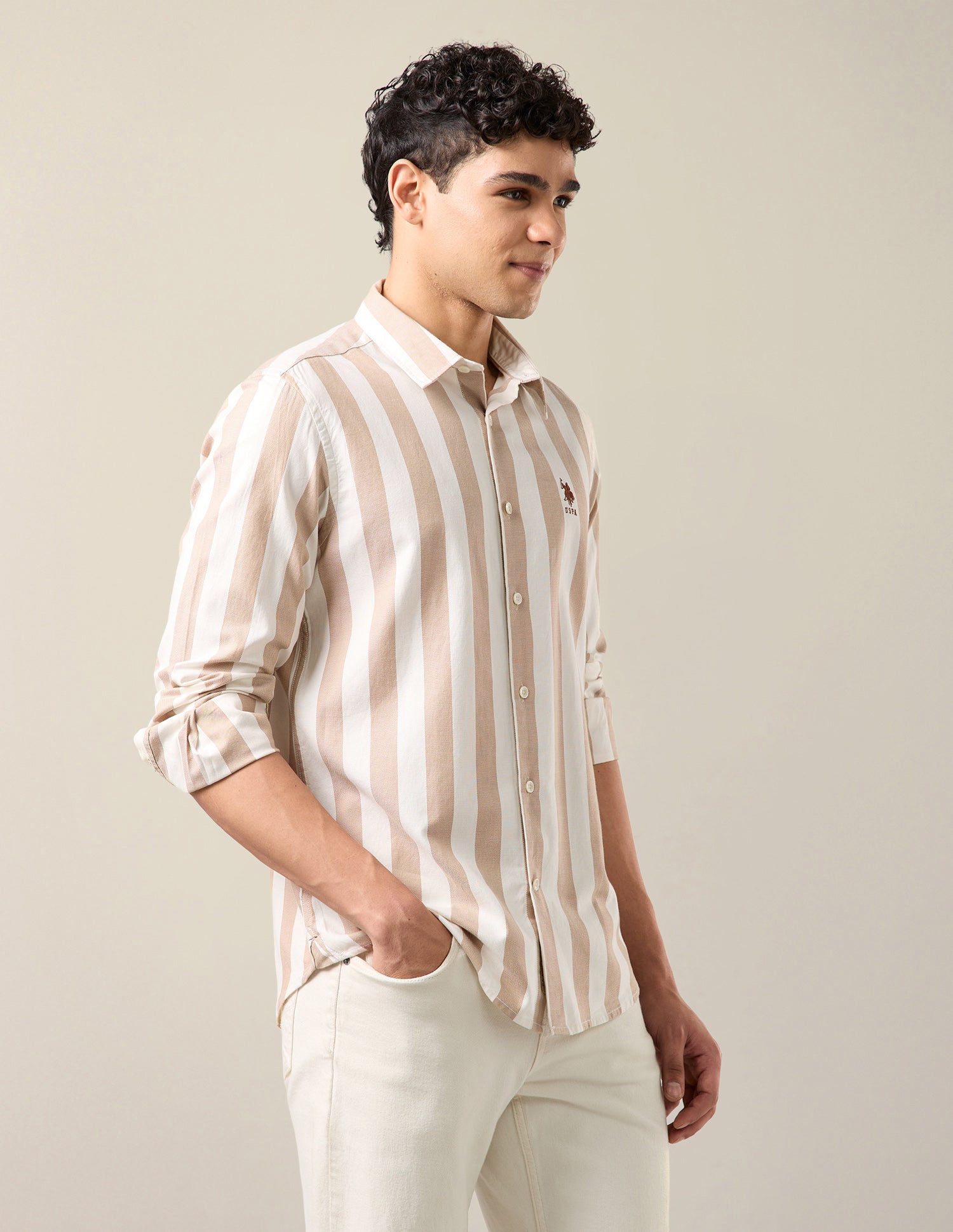 Vertical Striped Regular Fit Shirt Khaki - U.S. Polo Assn. India | Large