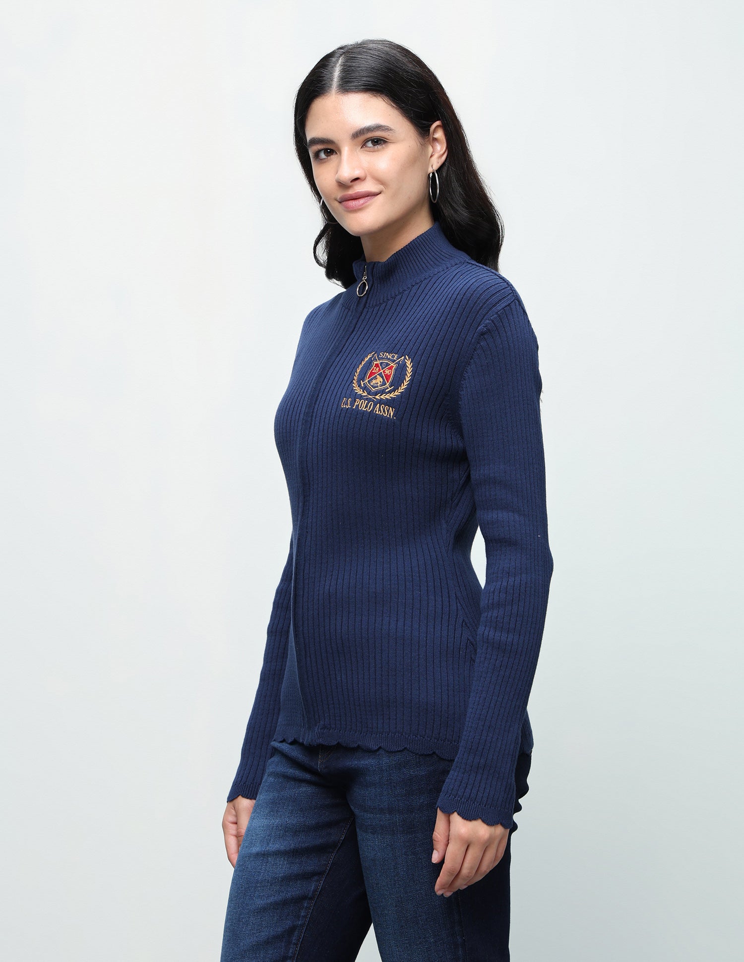 Patterned Knit Regular Fit Zipper Sweater Navy - U.S. Polo Assn. India | Large