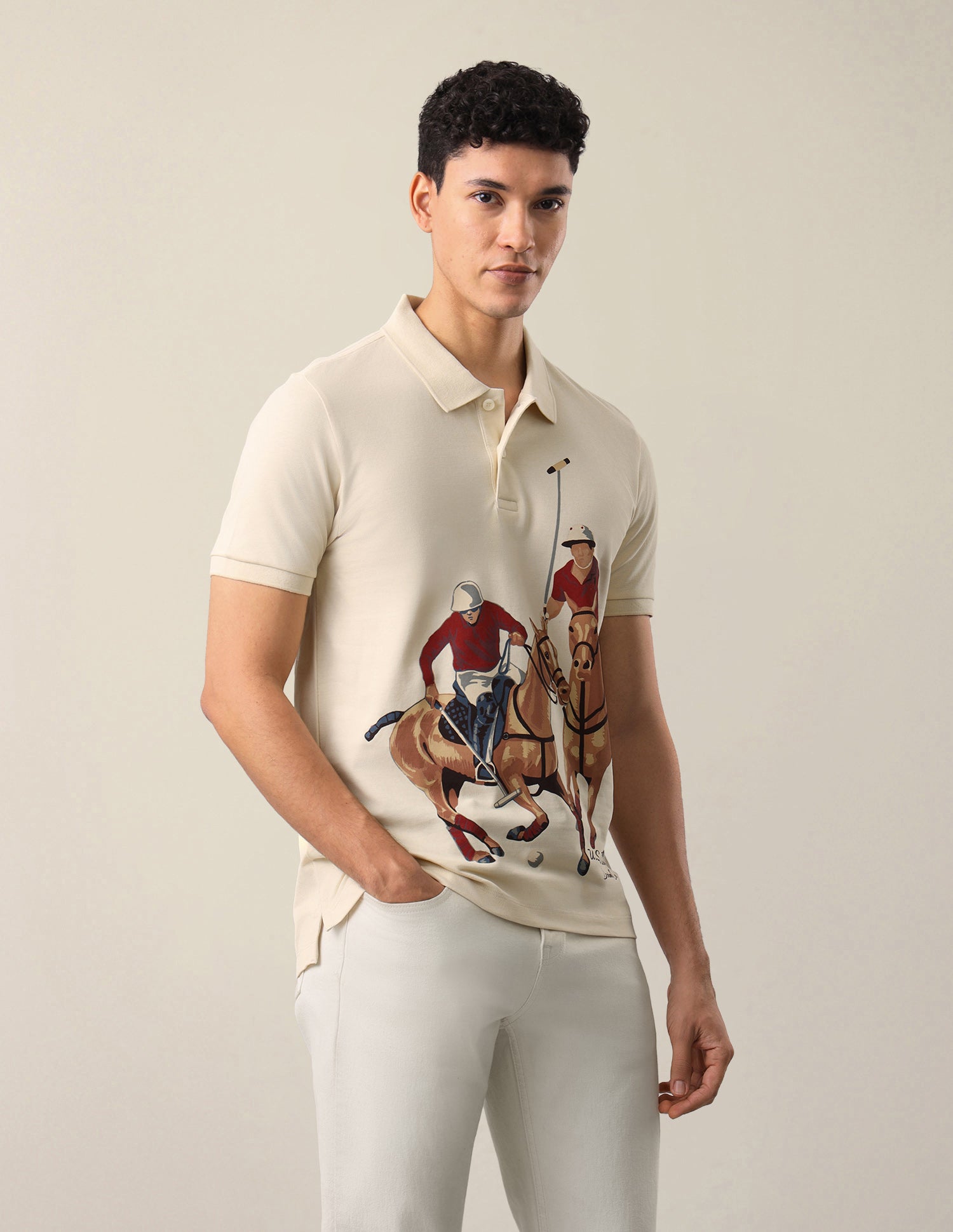 Graphic Brand Printed Slim Fit Polo Shirt Ecru - U.S. Polo Assn. India | Large