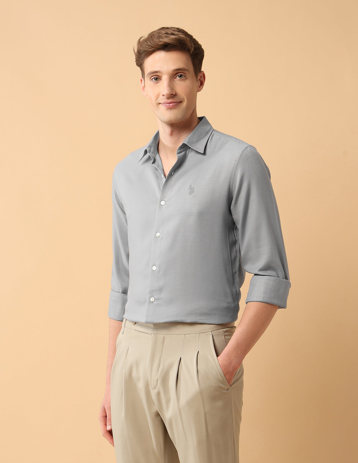 Pacho X Twill Tailored Fit Shirt Grey - U.S. Polo Assn. India | Large