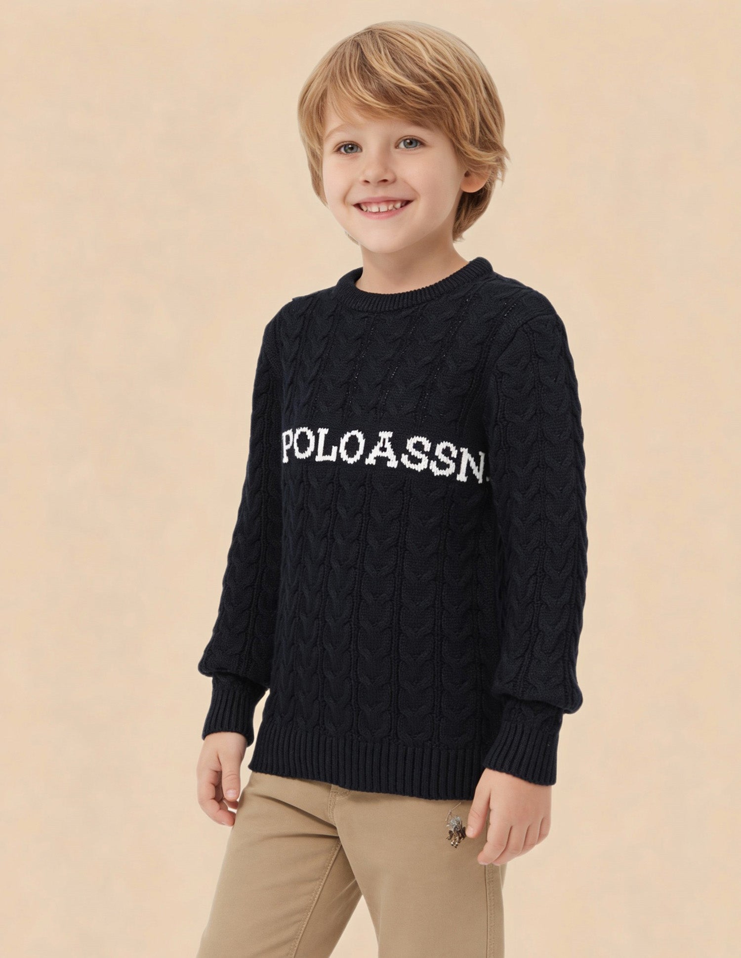 Boys Cable Knit Logo Regular Fit Sweater Navy - U.S. Polo Assn. India | Large