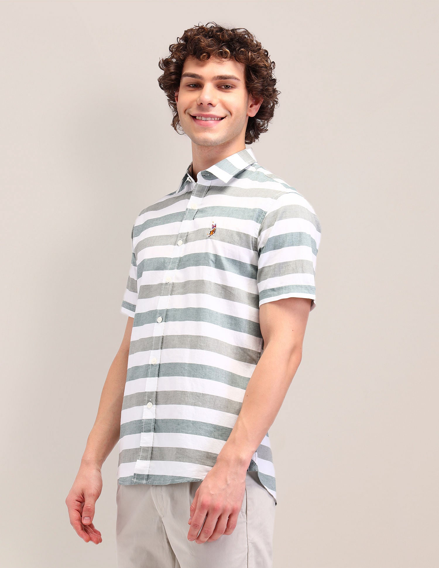 Striped Twill Tailored Fit Shirt Green - U.S. Polo Assn. India | Large