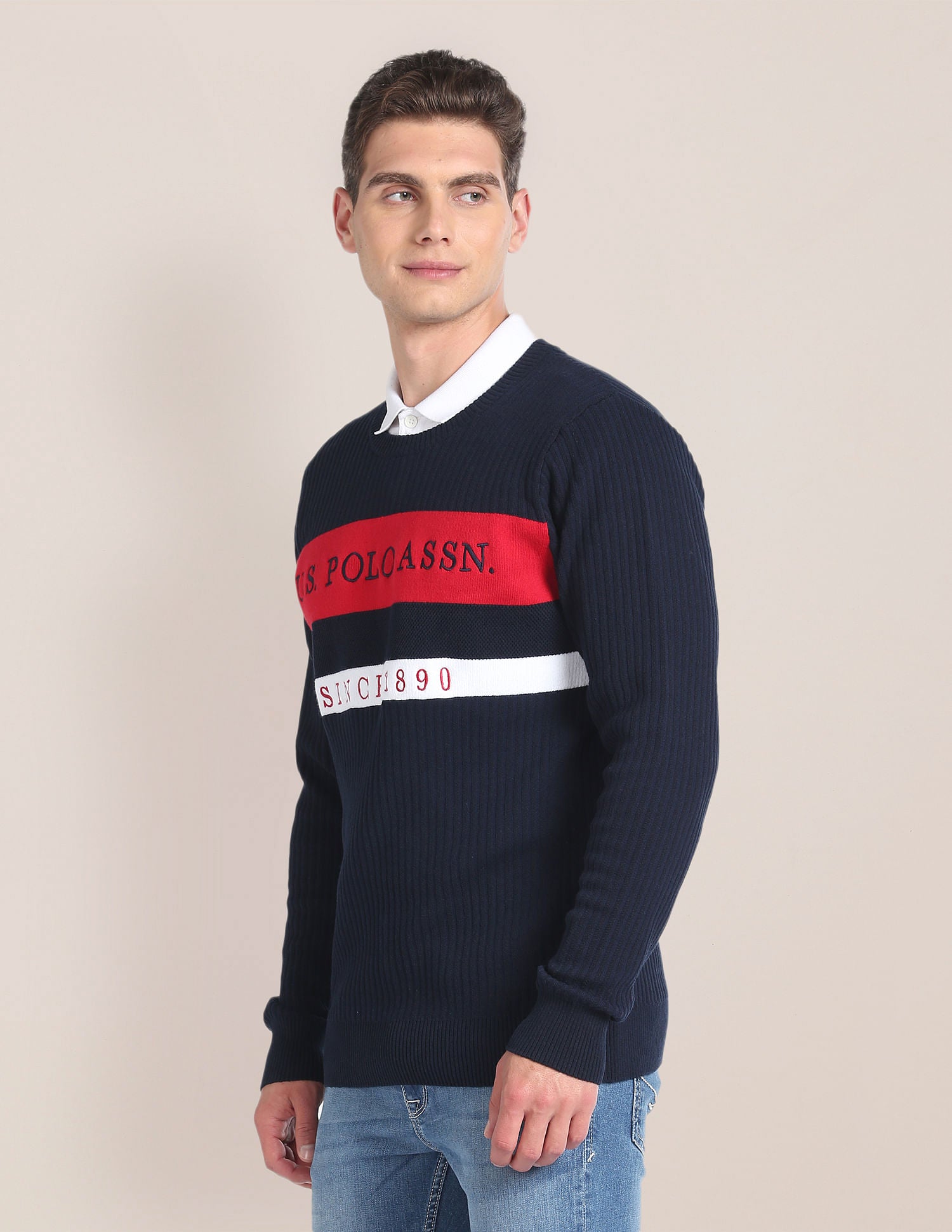 Crew Neck Brand Stripe Sweater Navy - U.S. POLO ASSN. | Large