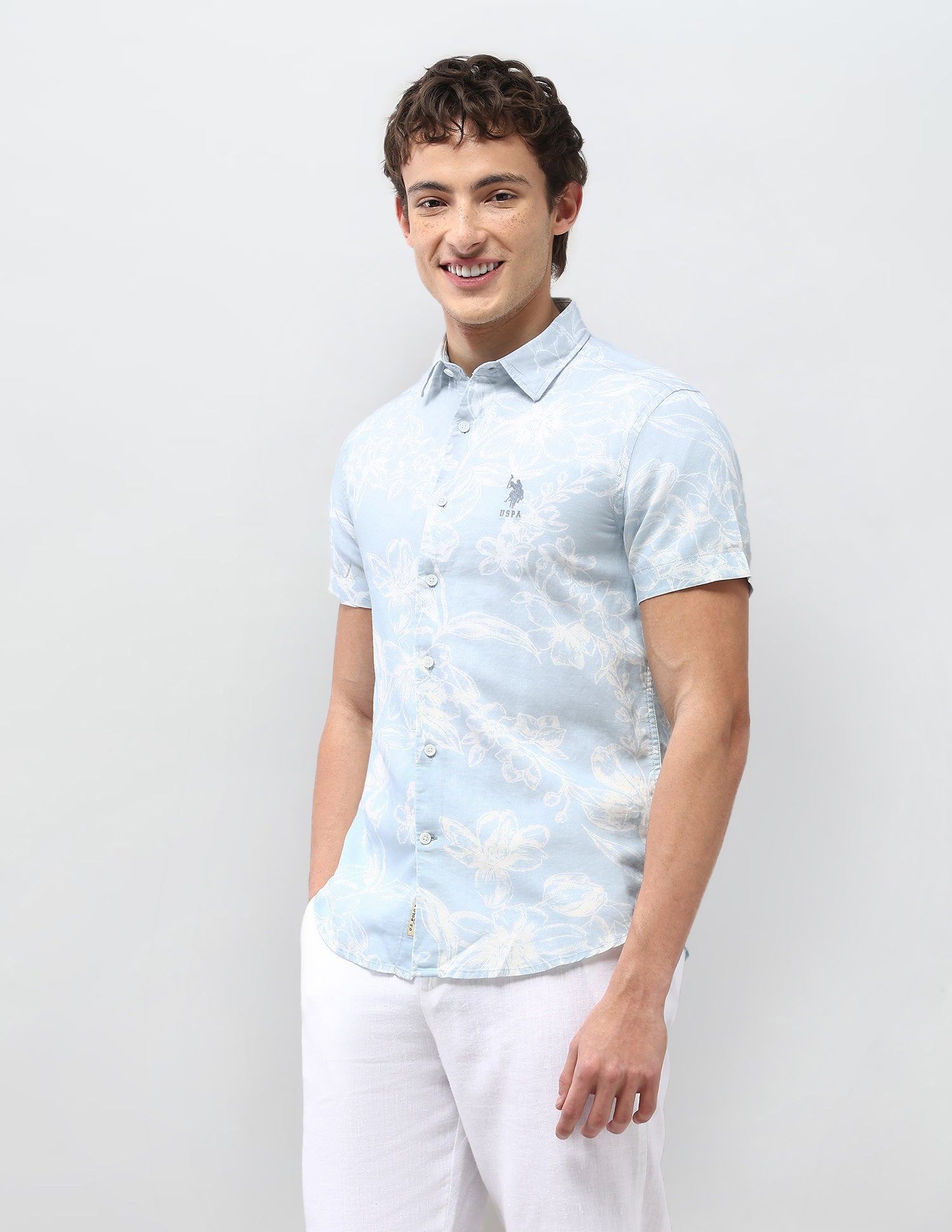 Floral Printed Regular Fit Shirt Light Blue - U.S. Polo Assn. India | Large