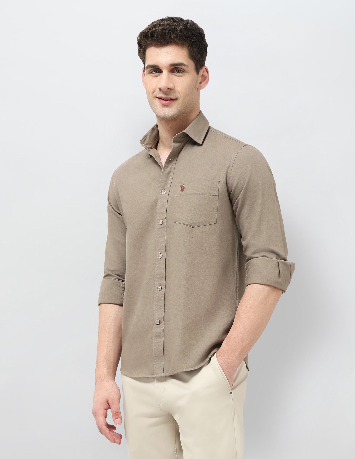 Tailored Fit Solid Shirt Light Brown - U.S. Polo Assn. India | Large
