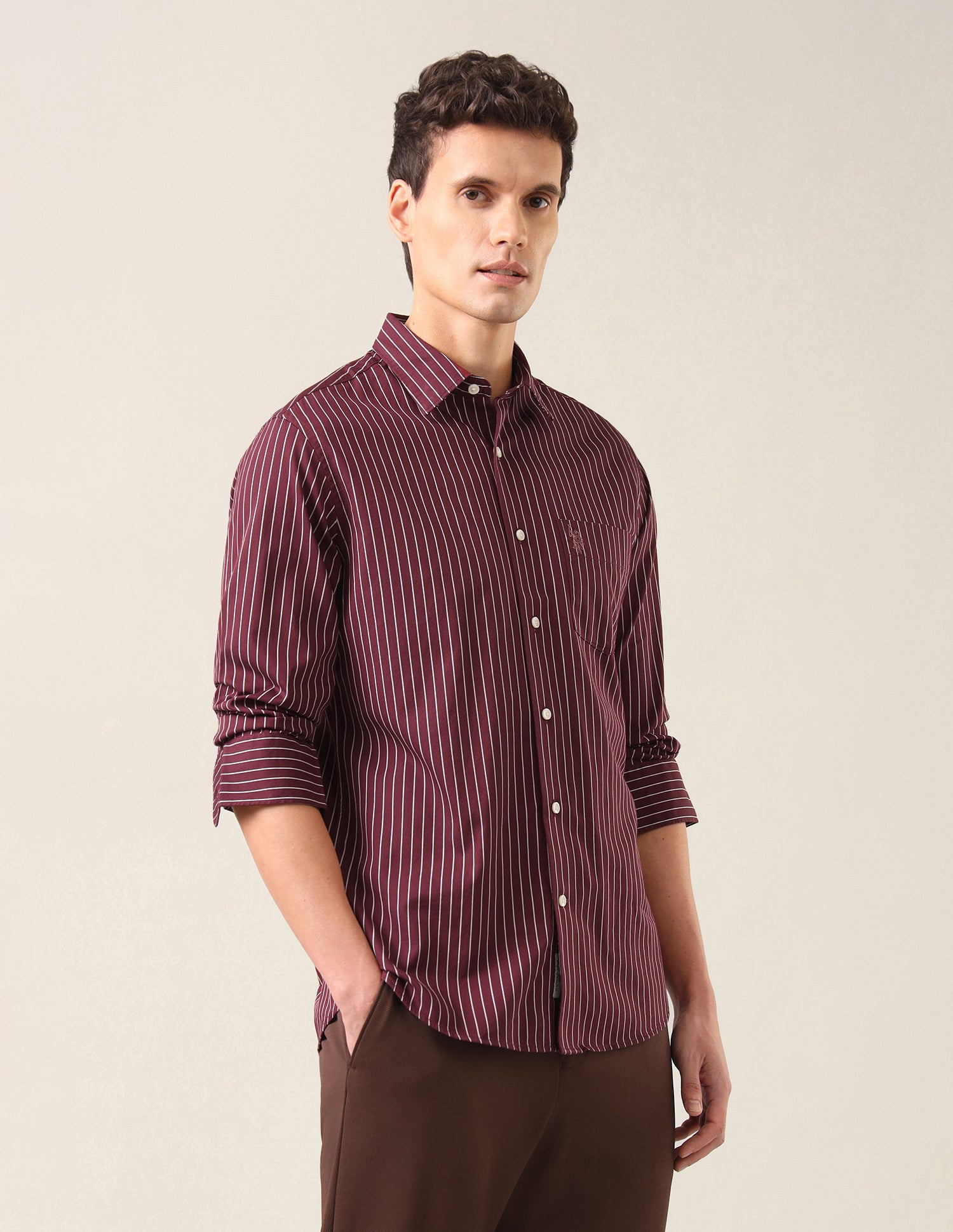 Vertical Striped Tailored Fit Shirt Maroon - U.S. Polo Assn. India | Large