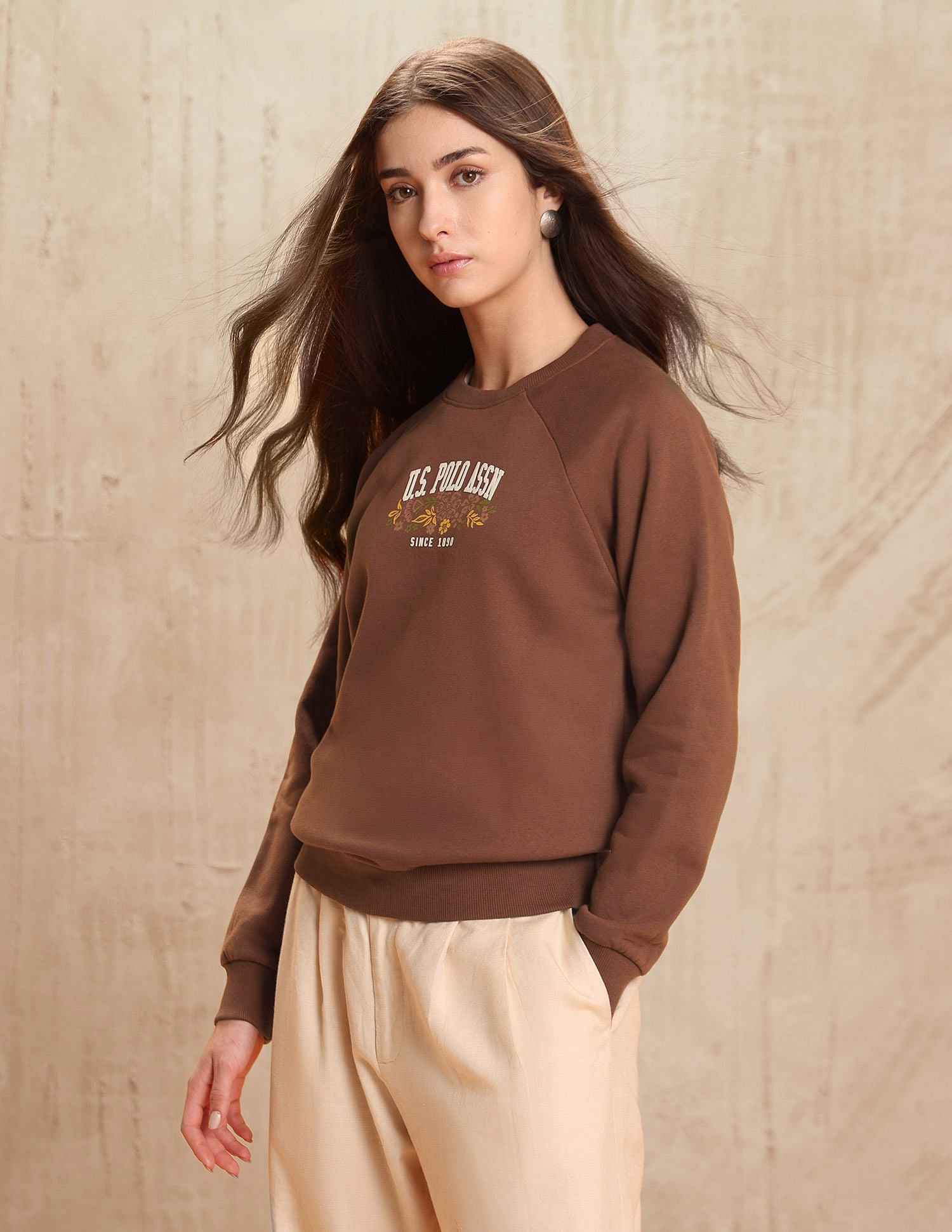 Raglan Fit Brand Printed Sweatshirt Dark Brown - U.S. POLO ASSN. | Large