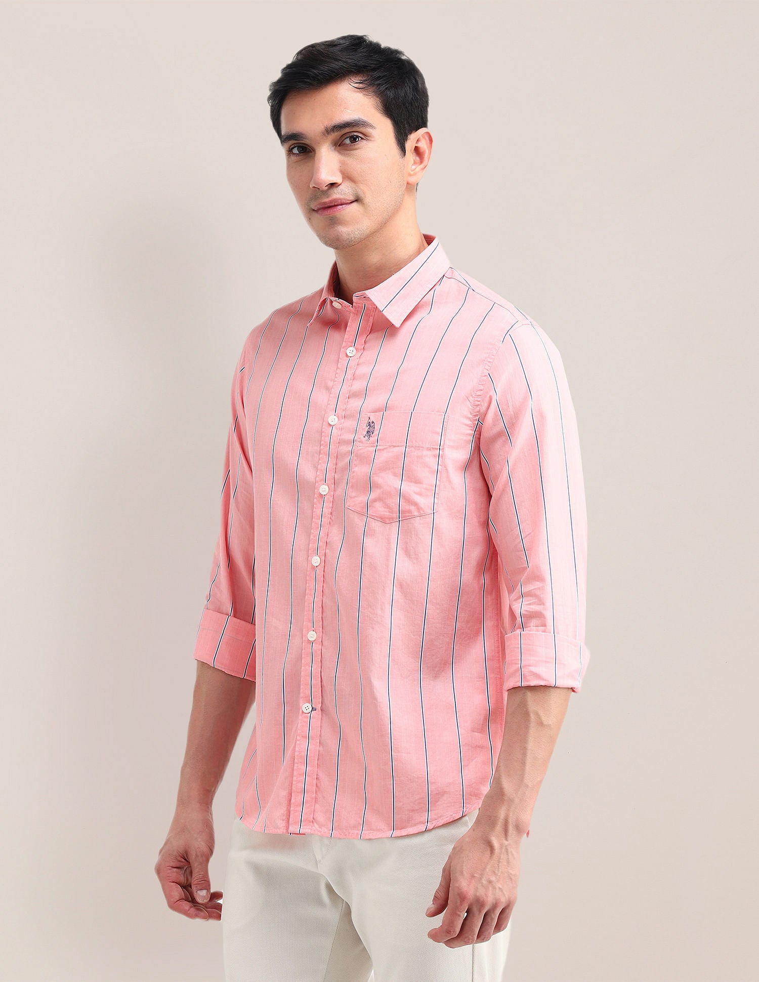 Tailored Fit Horizontal Striped Shirt Peach - U.S. Polo Assn. India | Large