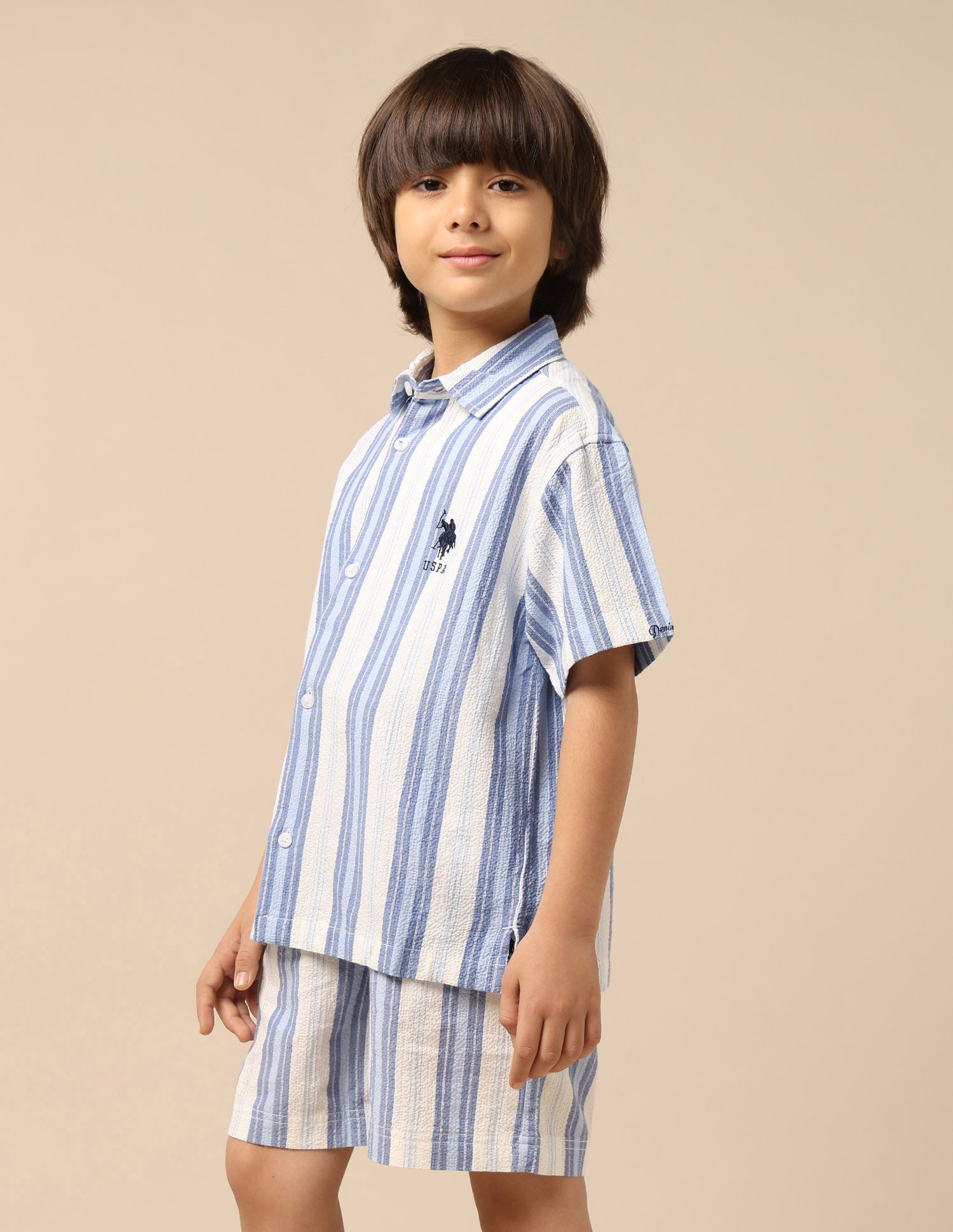 Boys Vertical Striped Seersucker Shirt Blue - U.S. Polo Assn. India | Large