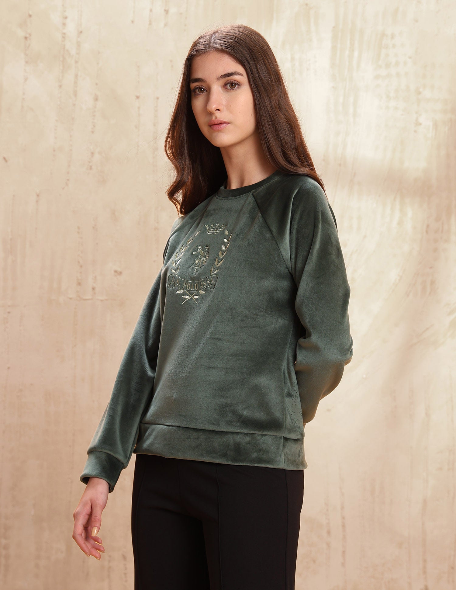 Relaxed Fit Velvet Sweatshirt Green - U.S. POLO ASSN. | Large