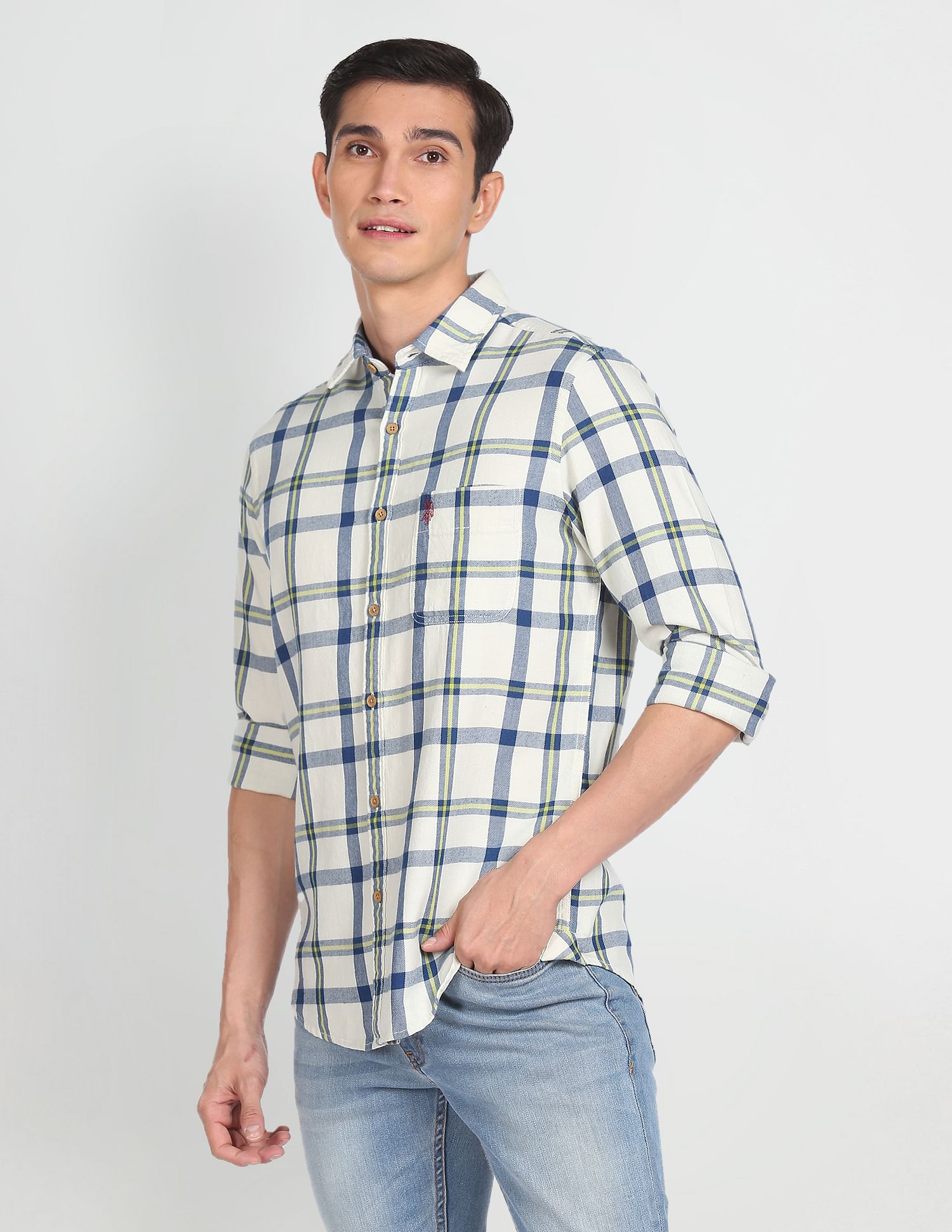 Pure Cotton Check Casual Shirt White and Blue - U.S. Polo Assn. India | Large