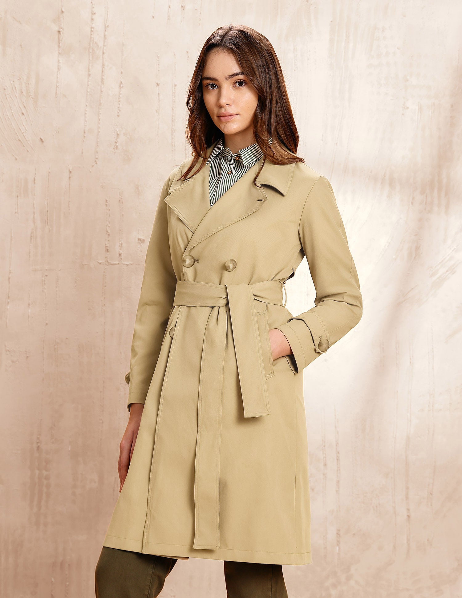 Solid Double Breasted Notch Lapel Trench Coat Beige - U.S. POLO ASSN. | Large