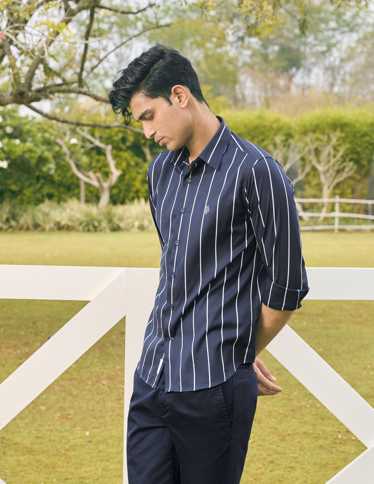 Pacho X Vertical Striped Tailored Fit Shirt Navy - U.S. POLO ASSN. | Large