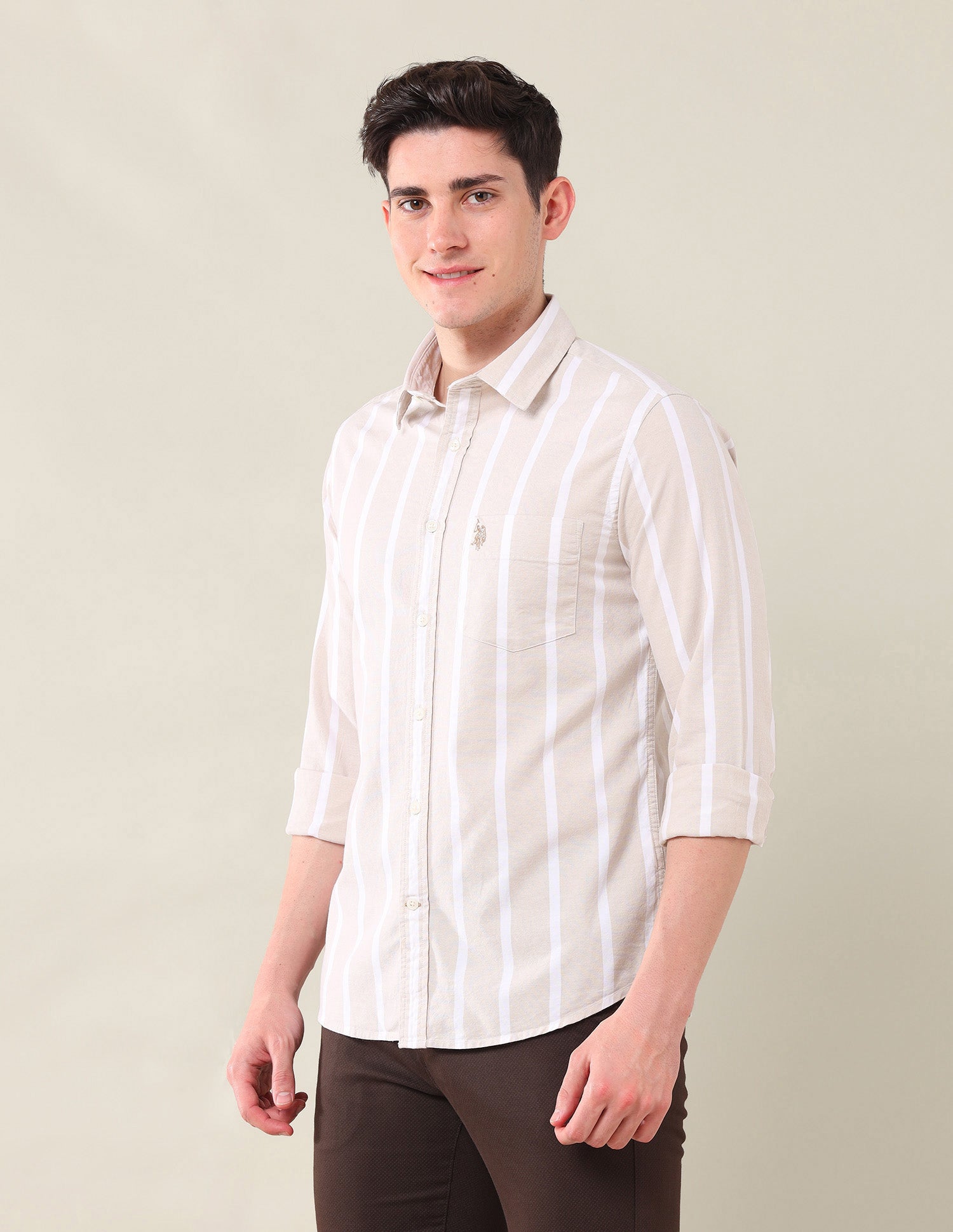 Vertical Striped Oxford Shirt Beige - U.S. Polo Assn. India | Large