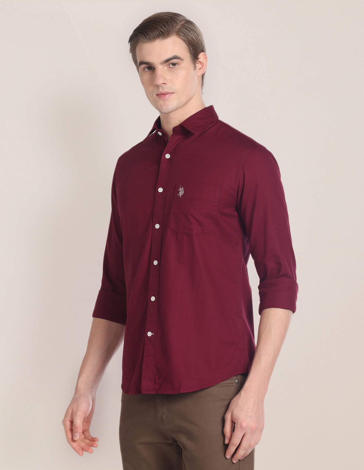 Solid Cotton Casual Shirt Maroon - U.S. Polo Assn. India | Large