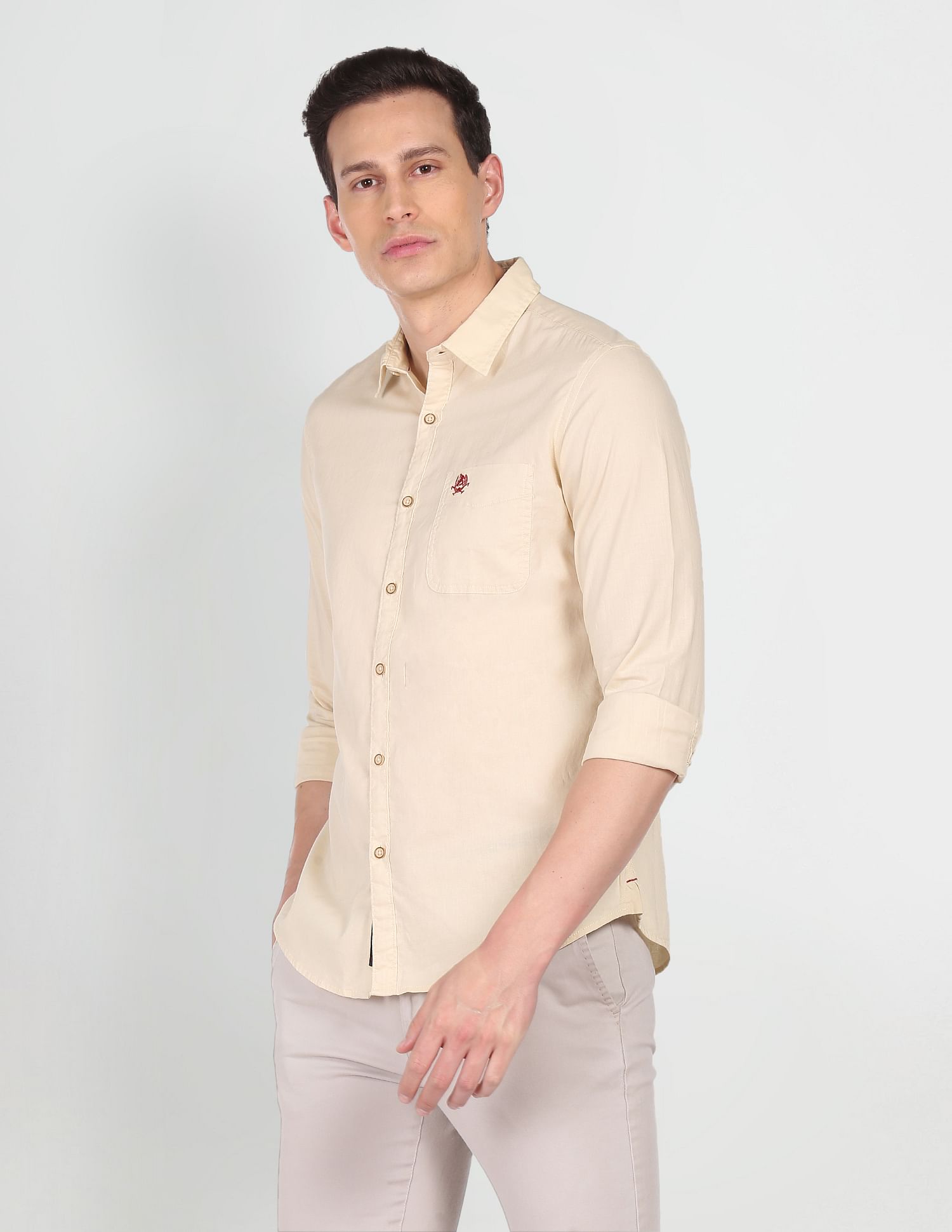 Pure Cotton Solid Casual Shirt Beige - U.S. POLO ASSN. | Large