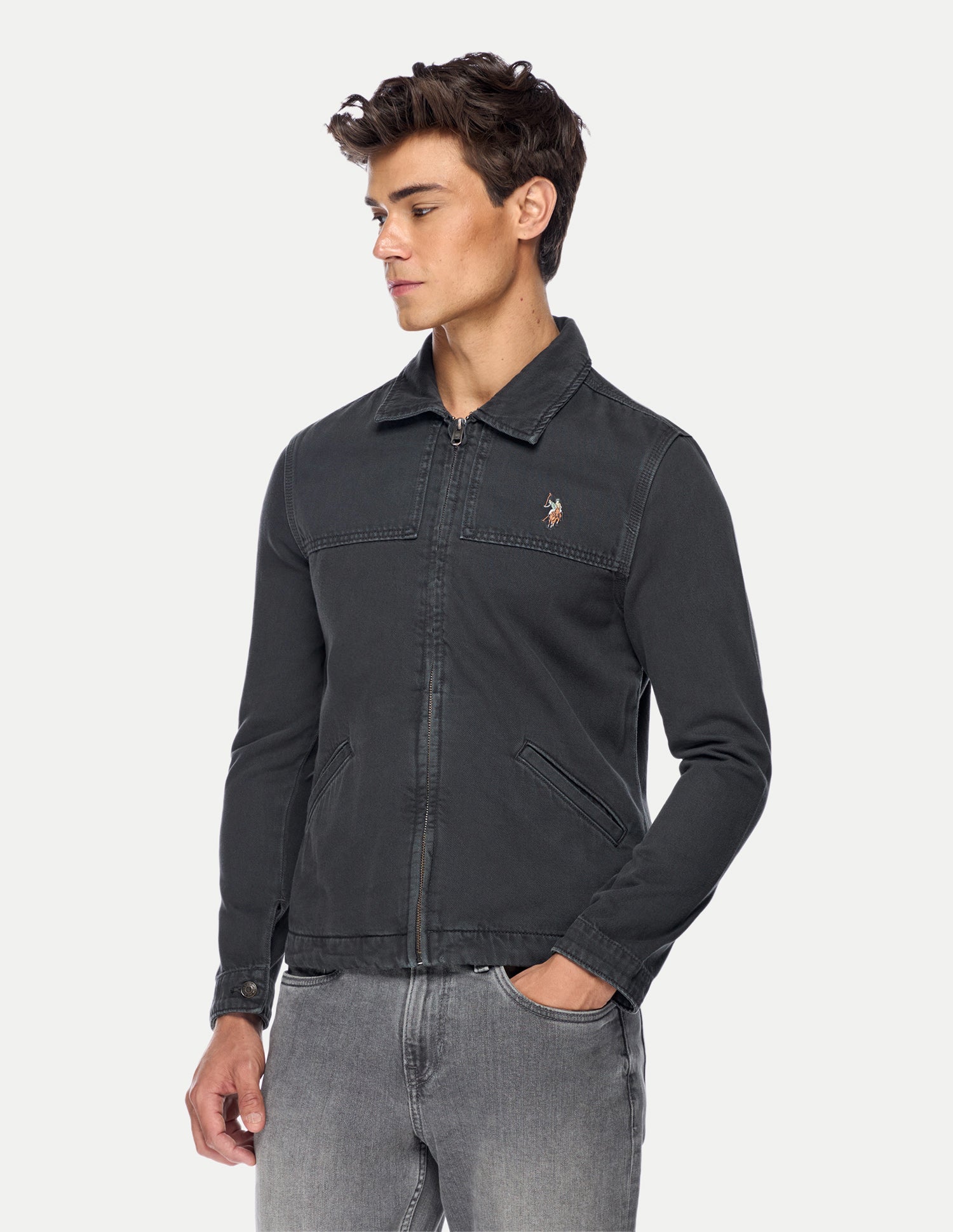 Solid Regular Fit Trucker Jacket Charcoal - U.S. Polo Assn. India | Large